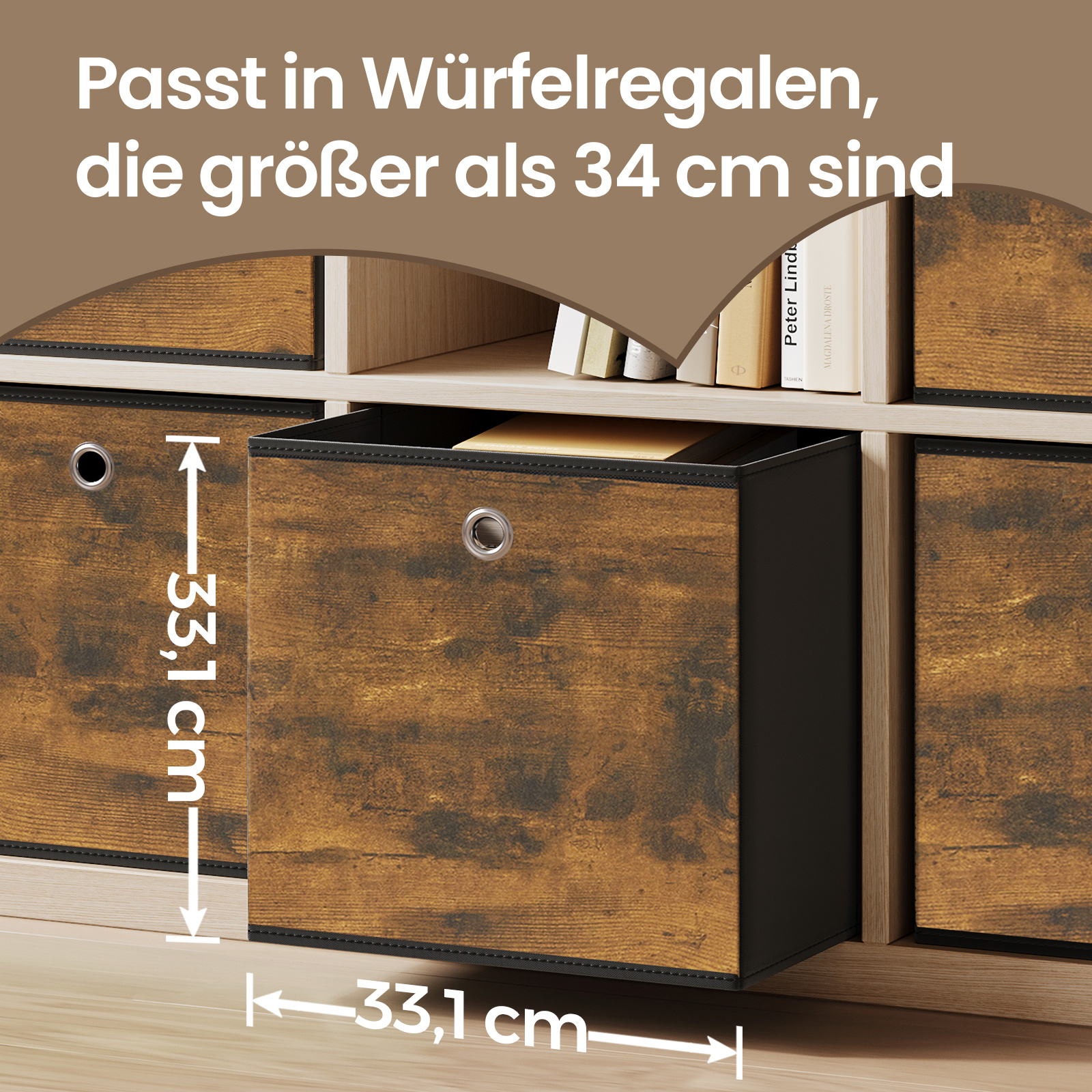 Image of 6 Storage Boxes, Organizer Boxes, Non-woven Fabric, With Handle, For Cube Shelves, Brown-black
