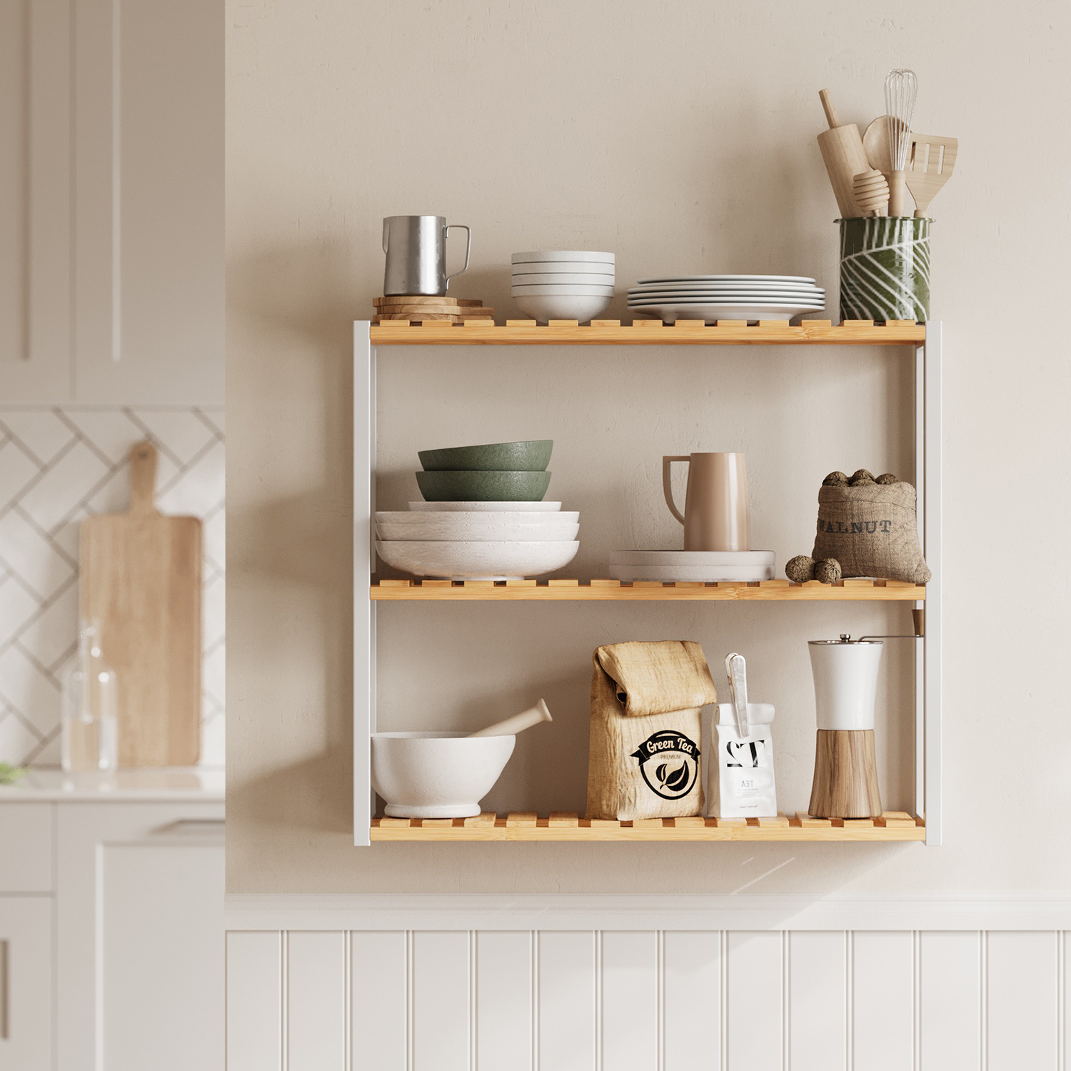 E-shop Badregal, Badezimmerregal, Pflanzenregal mit 3 verstellbaren Ablagen, Bambus-Regal, Wandmontage, 15 x 60 x 54 cm
