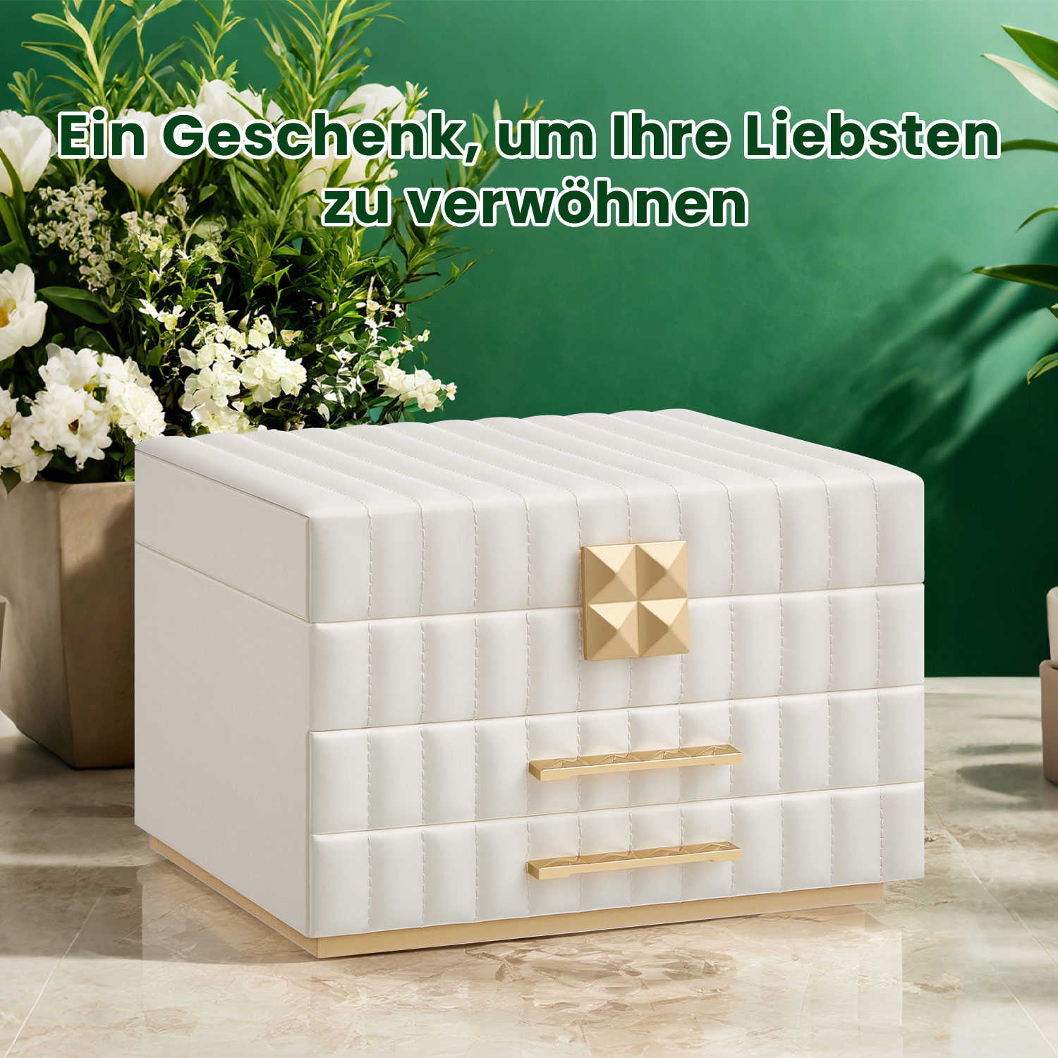 Storage Box, 3-layer, Jewelry Case With 2 Drawers And Mirror, Stitched Pu, Floating Effect, Gift Idea, 24 X 21.5 X 15.8 Cm