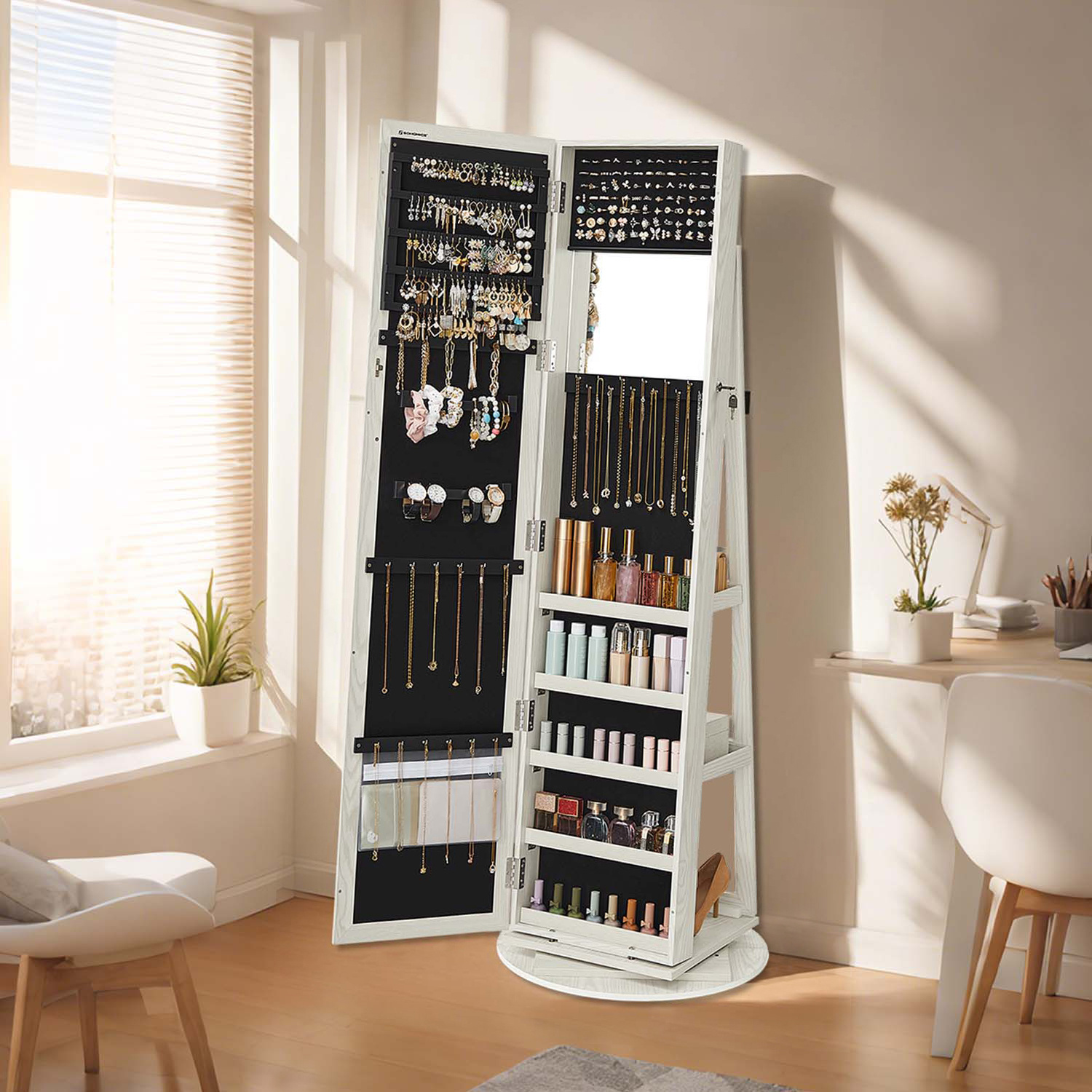 E-shop Sammlungsschrank, Schmuckschrank, Spiegelschrank, abschließbar, mit Schlüssel, mit Ganzkörperspiegel, 360° drehbar, weiß mit grauer Holzmaserung