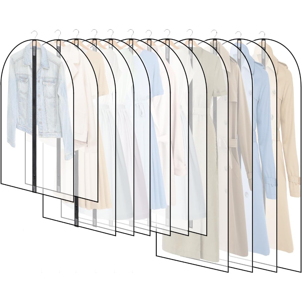 12-pack Breathable Garment Bags With Zipper, Transparent Suit And Clothing Protectors For Wardrobe & Travel