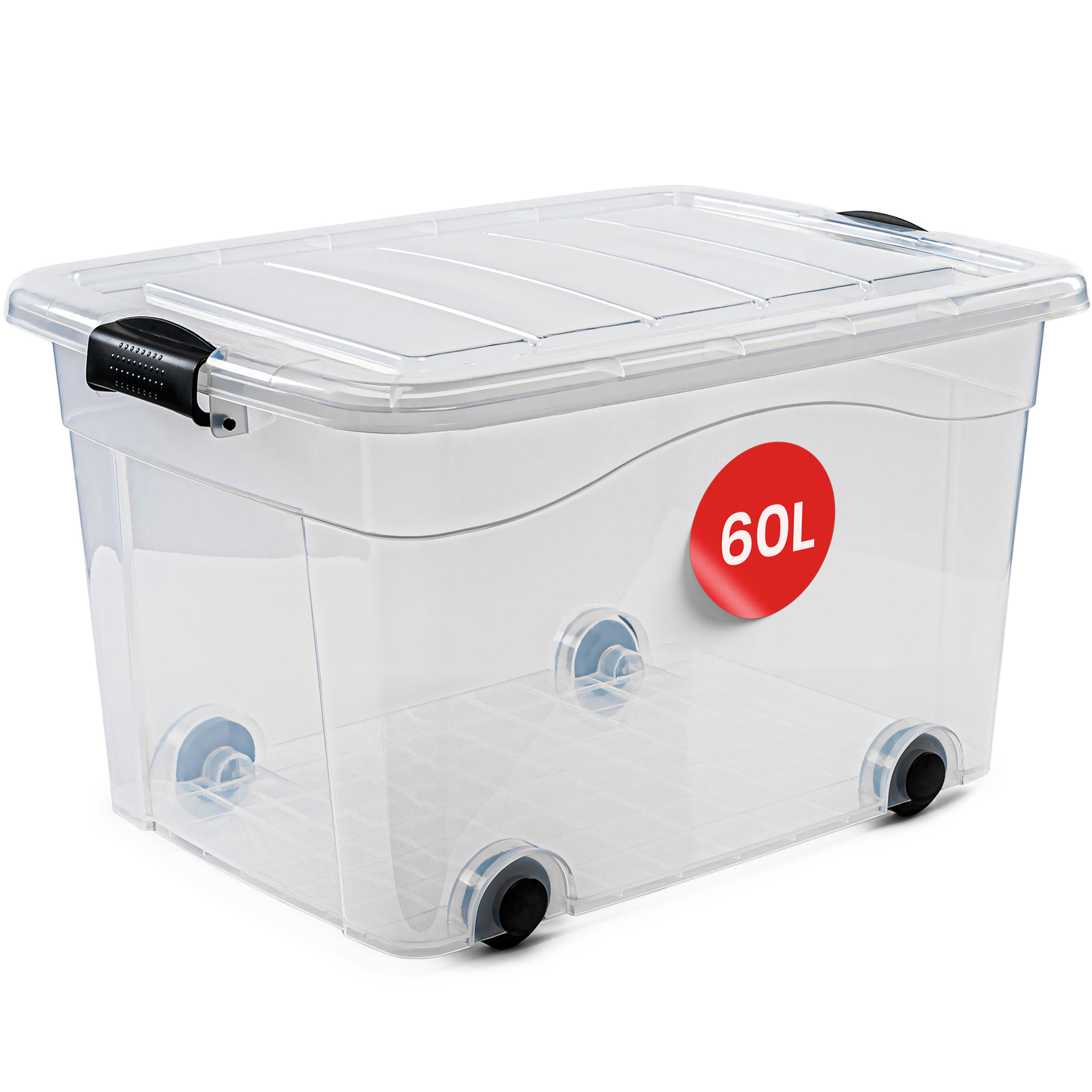 E-shop Kunststoffbox mit Deckel 60L 61x45x36 cm – transparente Aufbewahrungsbox mit Rollen, stapelbar und dicht schließend, ideal für Kleidung, Umzug,