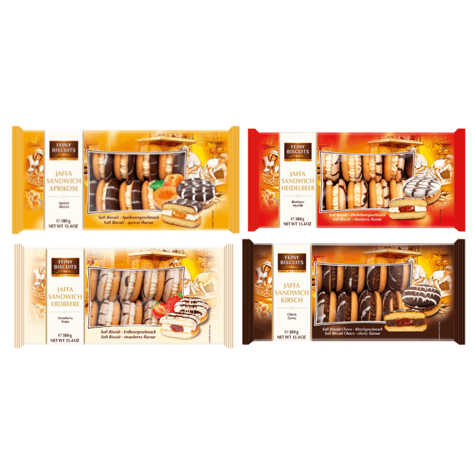 Image of Feiny Biscuits Jaffa Cakes Sandwich 4 X 380g Value Pack | Cream Apricot | Cream Blueberry | Chocolate Cherry | Cream Strawberry