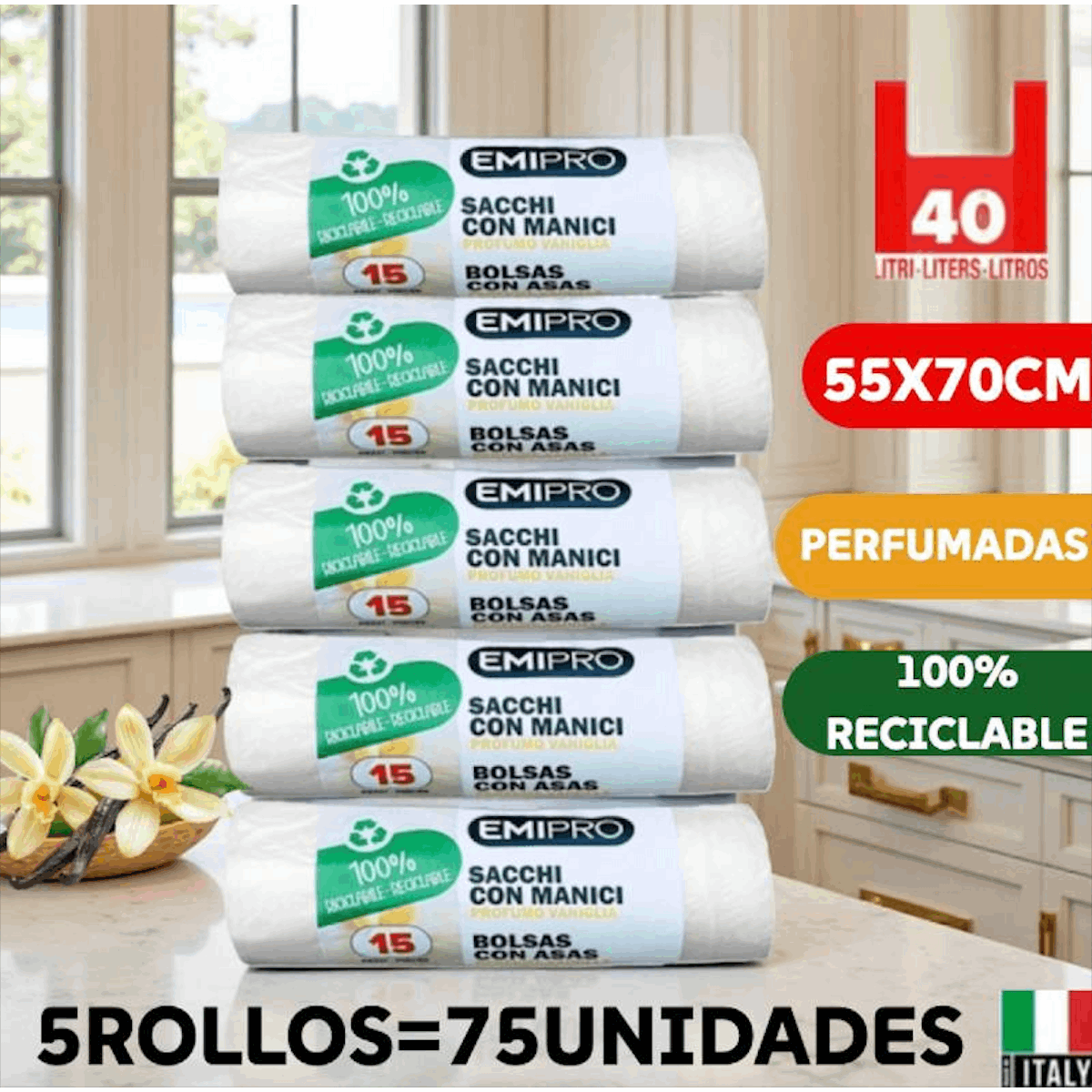 TEMU 5 rollos Bolsas de basura perfumadas 40L 55X70cm, Ecobag con , cierre fácil, para el hogar, oficina, cocina,baño
