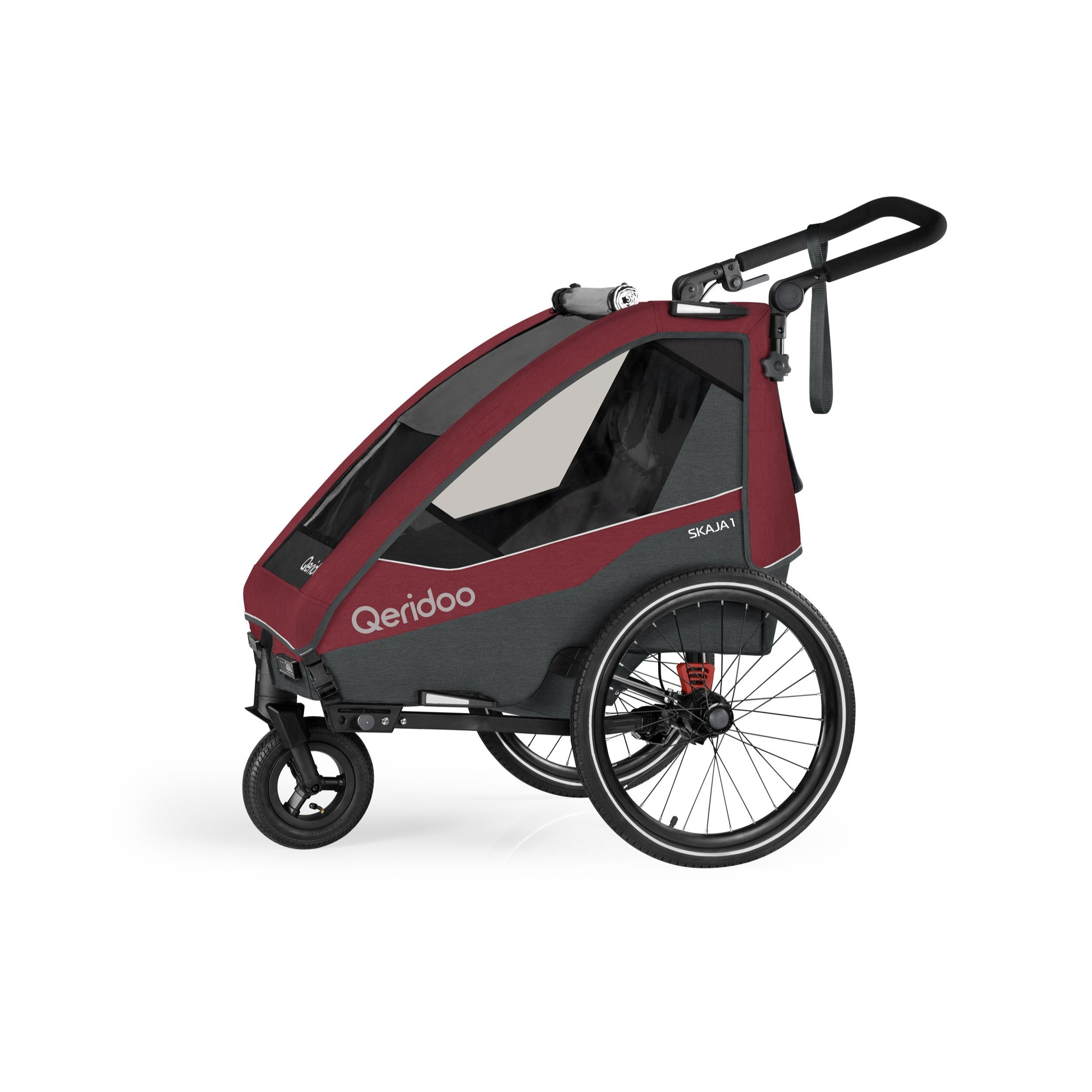 Qeridoo Bike Trailer Skaja 1 Red, Foldable, With 360-degree Swivel Air-filled Buggy Wheels And Patented Head Protectors, For 1 Child