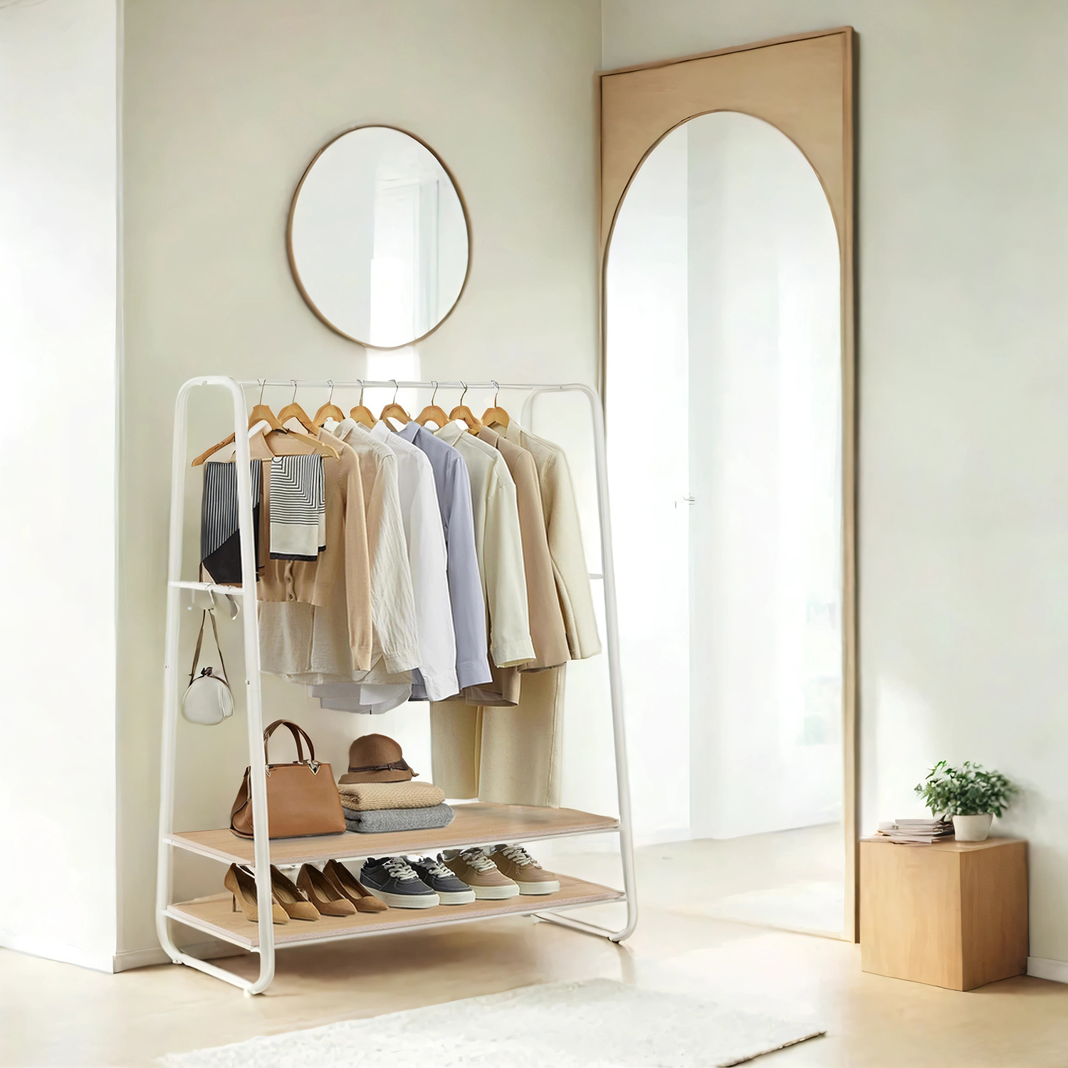 E-shop Kleiderständer, Garderobenständer, 2 Ablagen, 6 Haken, Stahlgestell, Schlafzimmer, Flur, Eingangsbereich