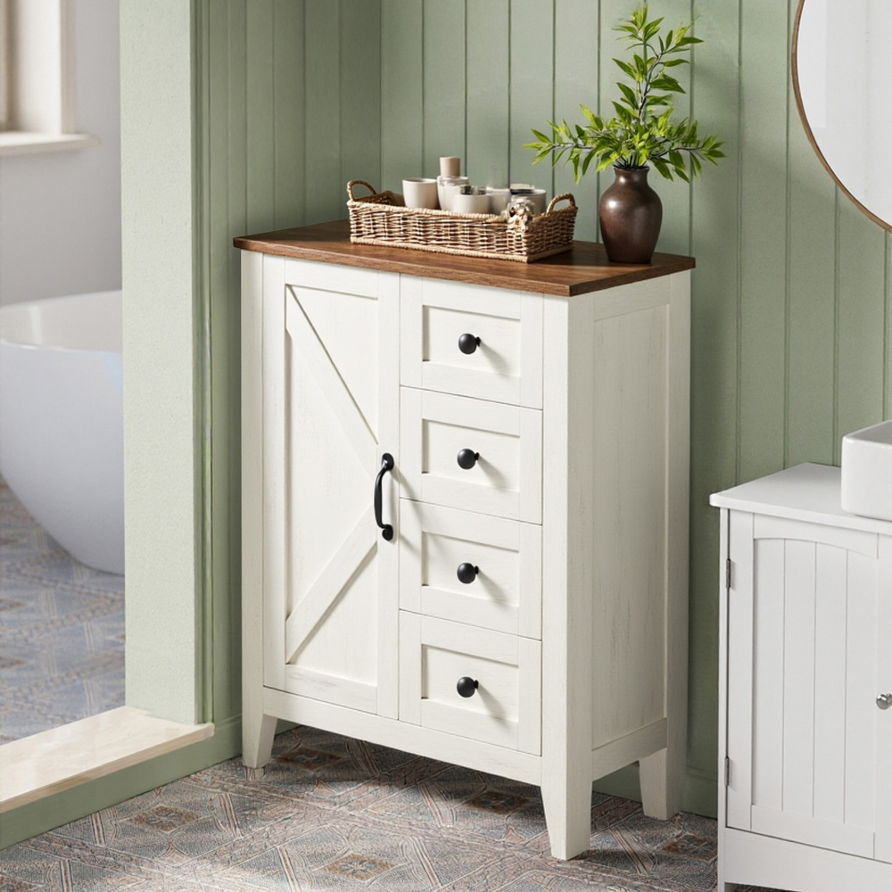 Image of Farmhouse-style Bathroom Floor Cabinet With 4 Drawers, Barn Door, Adjustable Shelf, Storage Cabinet, Freestanding Storage Organizer, Rustic White.