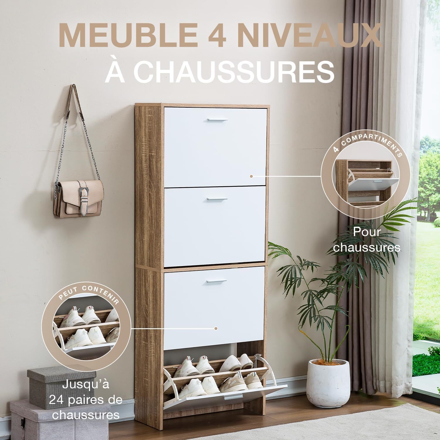 TEMU Meuble à Chaussures en bois special entrée, rangement compact et fermée – 4 Abattants-24 Paires