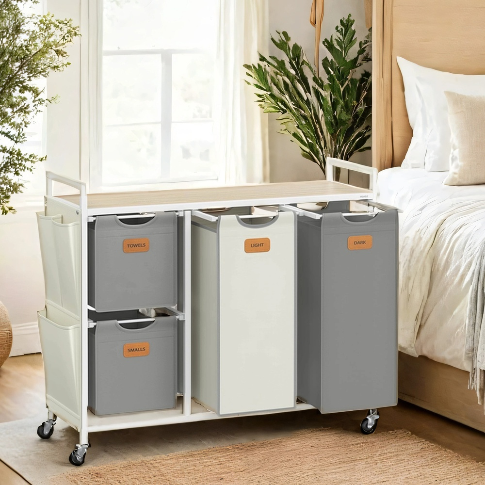 Laundry Basket, With 4 Compartments And Shelves, 150l Mobile Sorting Cart, Removable Bags And 6 Labels