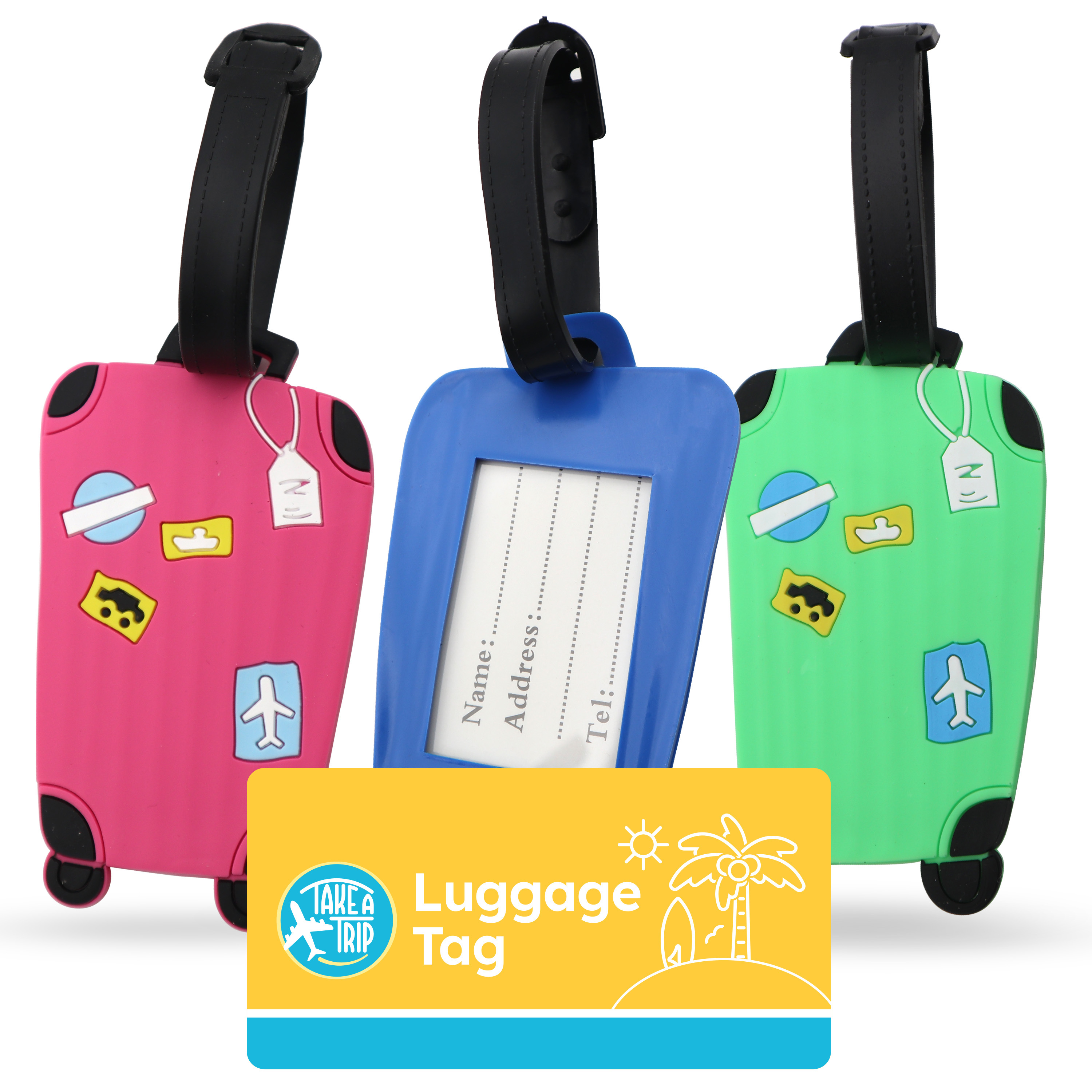 TEMU 3pk Luggage Tags – Assorted Green, Pink & Blue | Durable Silicone Travel Bag Id Labels With Waterproof Window & | Easy Identification For