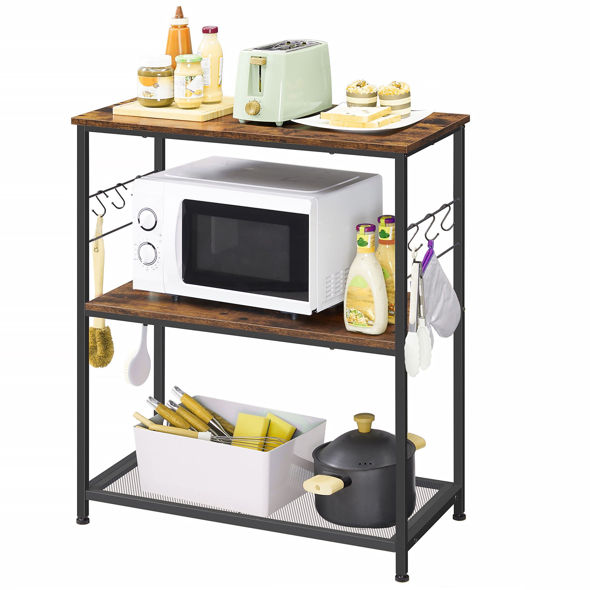 Kitchen Shelf, Microwave Stand, Metal Rack, 3 Shelves, 6 Hooks, Multifunctional Shelf, , Dimensions: 80 X 40 X 90 Cm, Black
