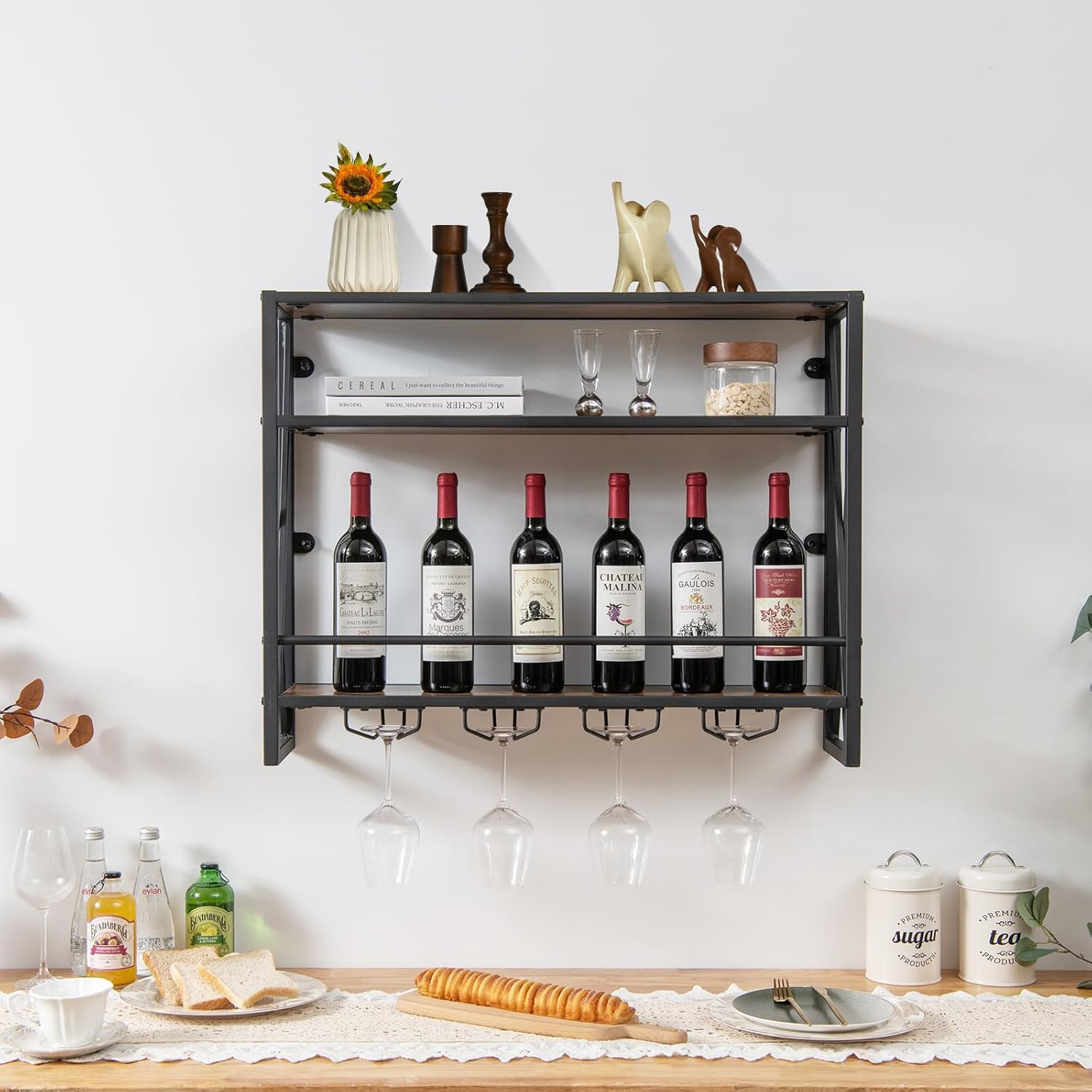 Image of Industrial Wall Mounted Wine Rack, 3 Tiers Metal Hanging Wine Shelf With Glass Holder & Metal Frame, Bottle Holder Glass Rack Wall Shelf For Home Bar, Restaurant, Kitchen, Rustic Brown