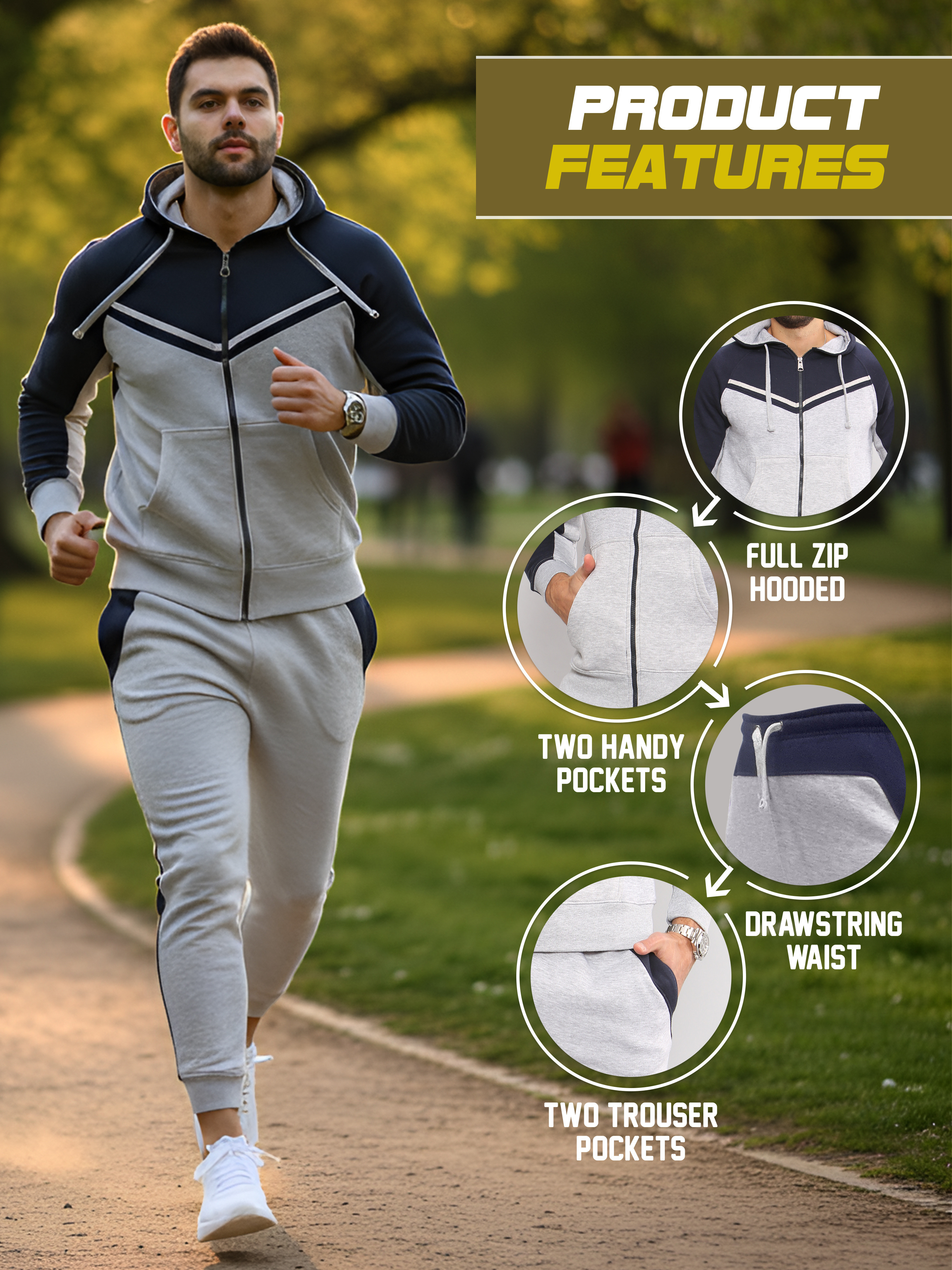   mens two tone zip up tracksuit set with hoodie and joggers soft breathable activewear for gym training and casual wear details 2