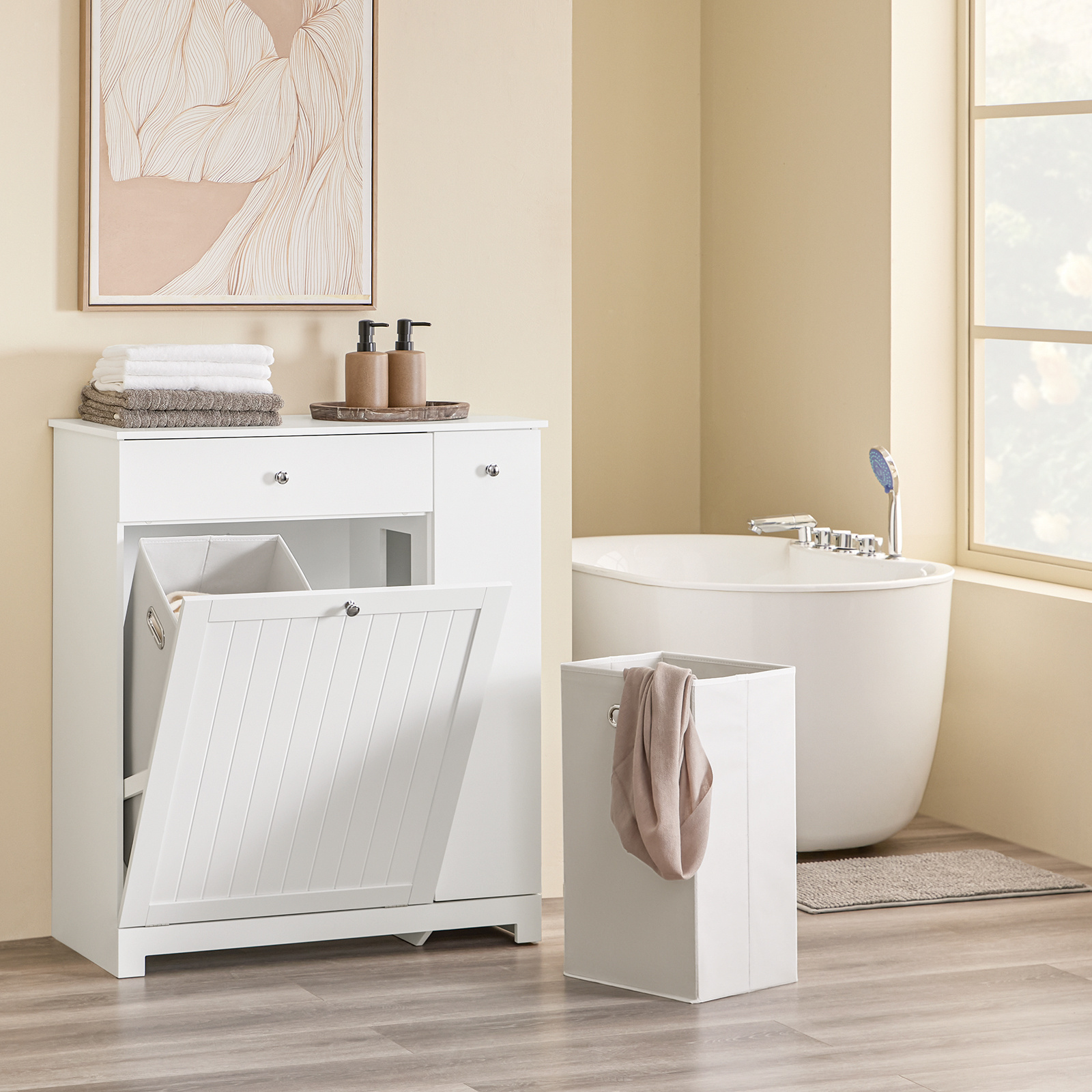 TEMU 1pc Mobile Bathroom Cabinet With Laundry Basket Column Archive With 1 Drawer, And Sliding Compartment, Waterproof Bathroom Cabinet 78x38x90cm