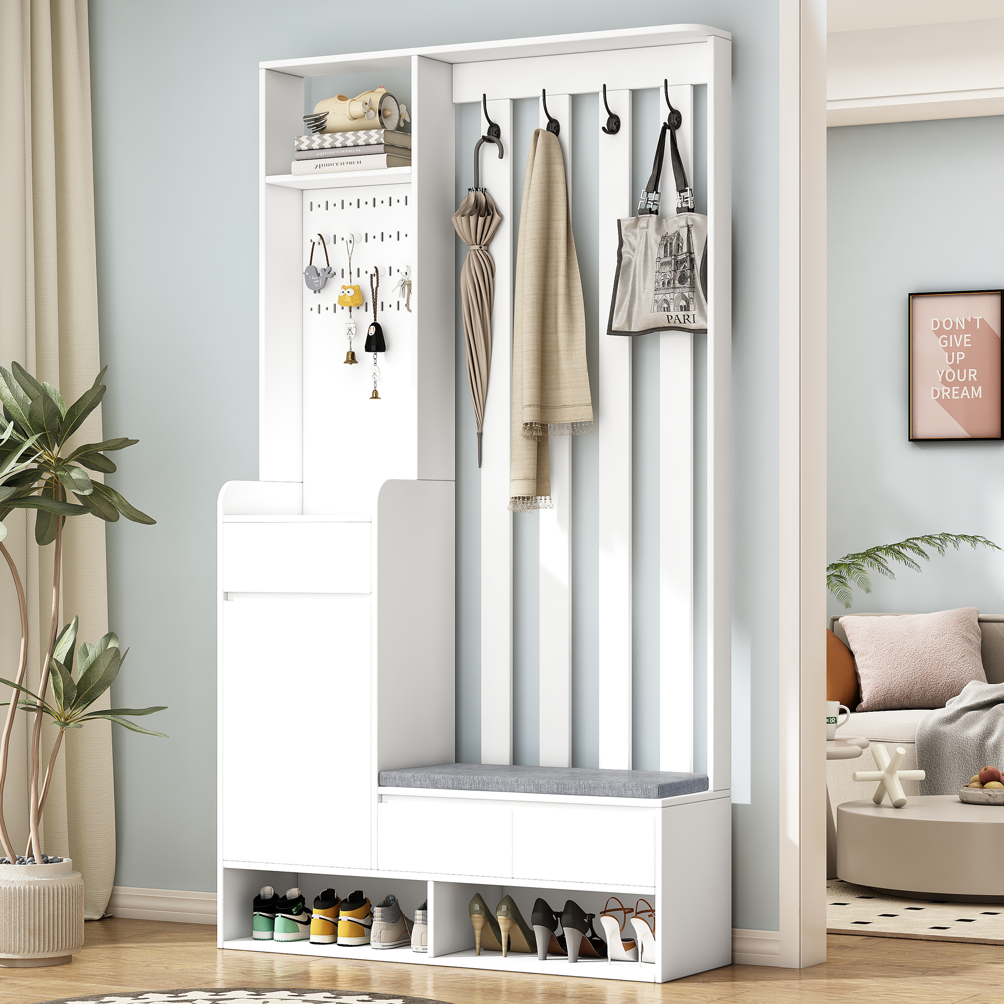 Image of Btm Multifunctional Hallway Coat Rack With Bench, Shoe Cabinet With Drawer And 4 Hooks – Coat Rack Set Hall Tree For Entryway, Space-saving, 180 X 100 X 35 Cm White / Black