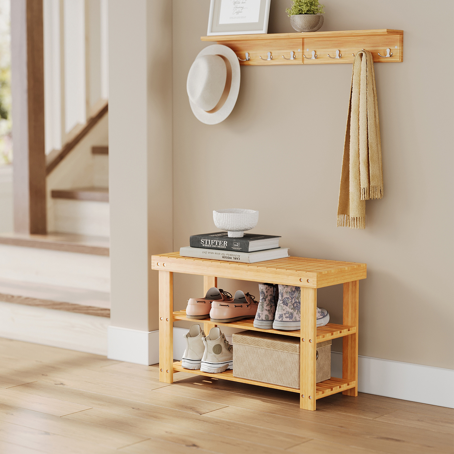 Image of Shoe Rack Bench, 3-tier Bamboo Shoe Storage Organizer, Entryway Bench, 11.3 X 27.6 X 17.8 Inches, For Entryway Bathroom Bedroom, Natural
