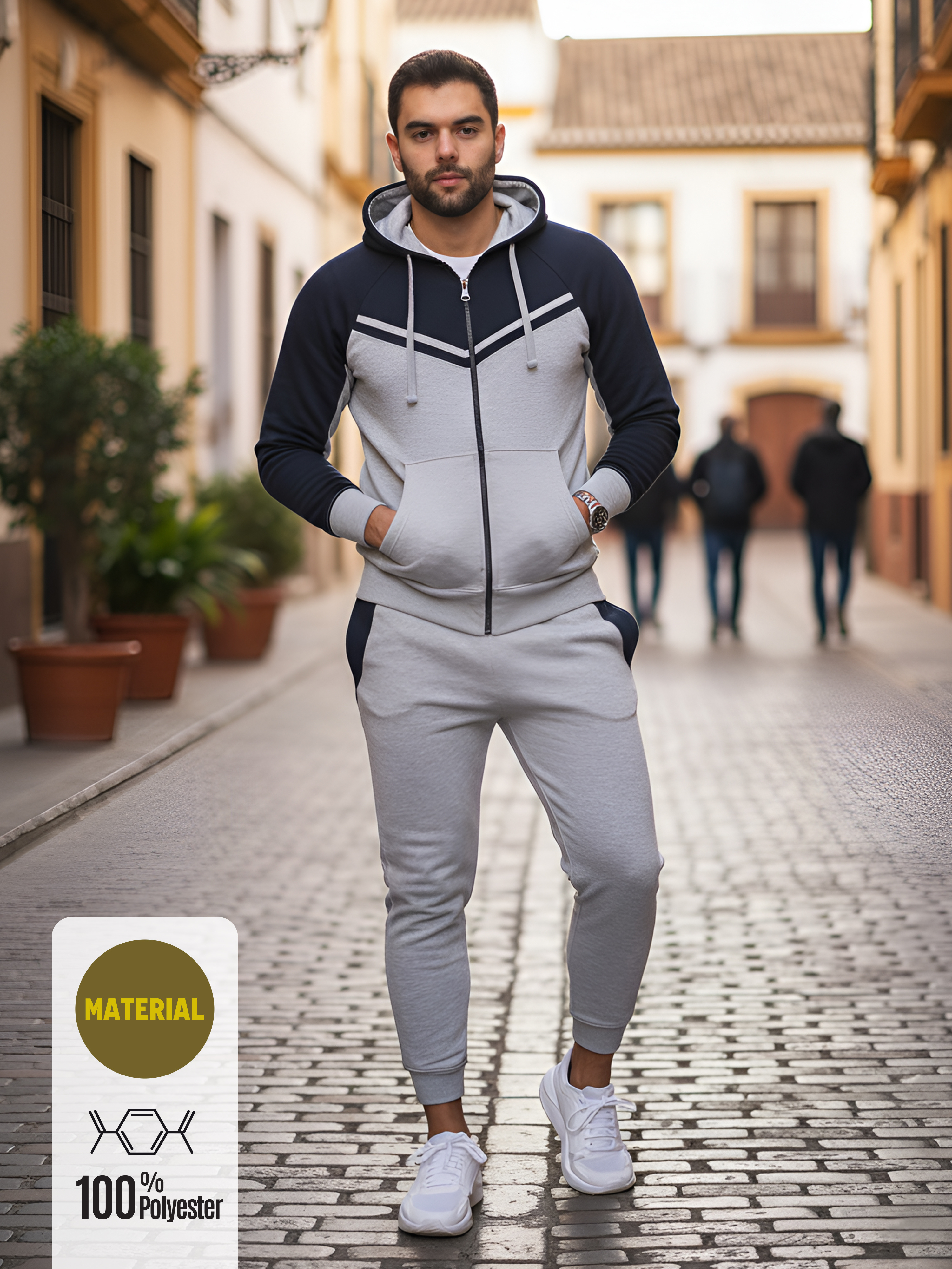   mens two tone zip up tracksuit set with hoodie and joggers soft breathable activewear for gym training and casual wear details 0