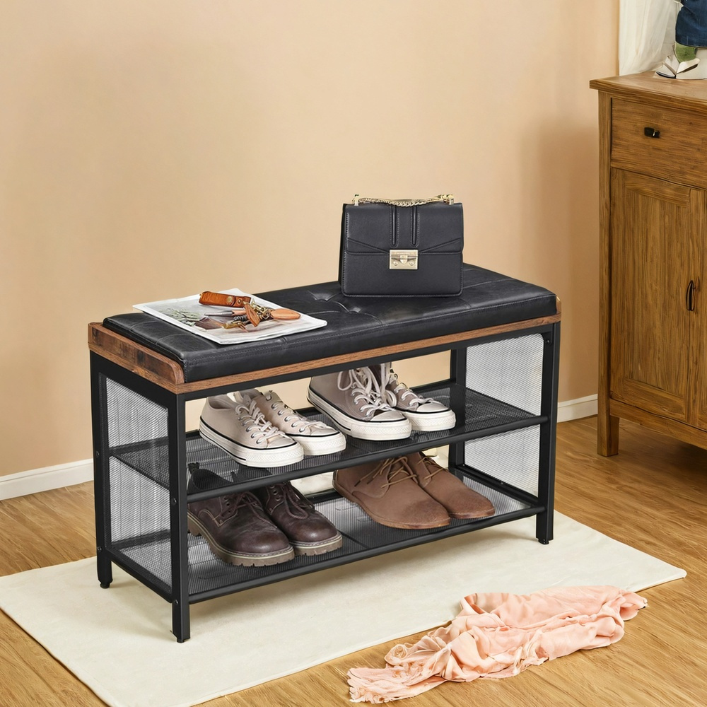 Shoe, Padded With Grid Shelf, Shoe Rack, 80 X 30 X 48 Cm, Hallway, Metal, Space-, , Artificial Leather, Brown-black