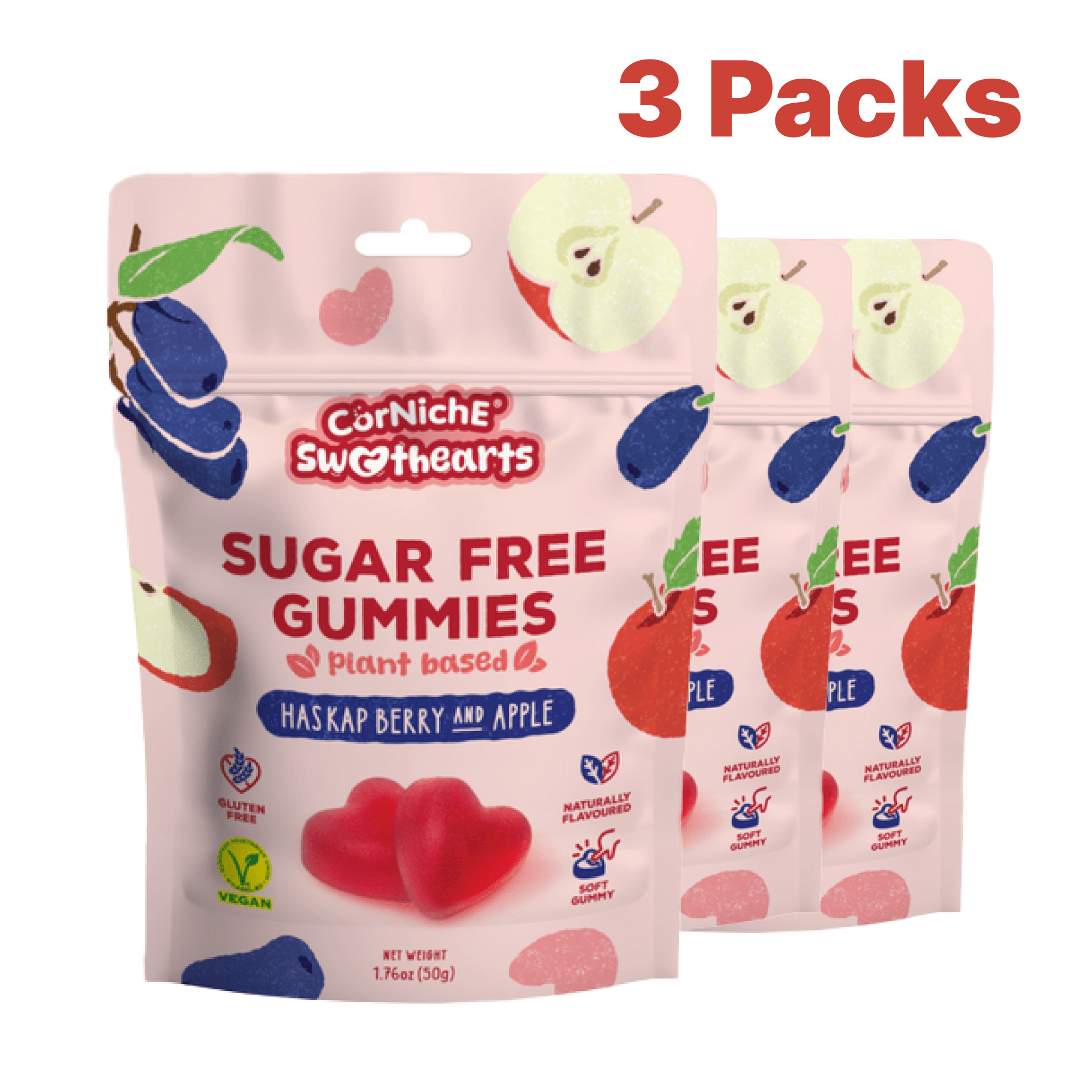 Image of 3 Packs Corniche Sweethearts Sugar-free Fruit Gummies Flavor Haskap Berry & 3x50g - Delicious Stock, Ideal For Christmas, Parties, School & Office
