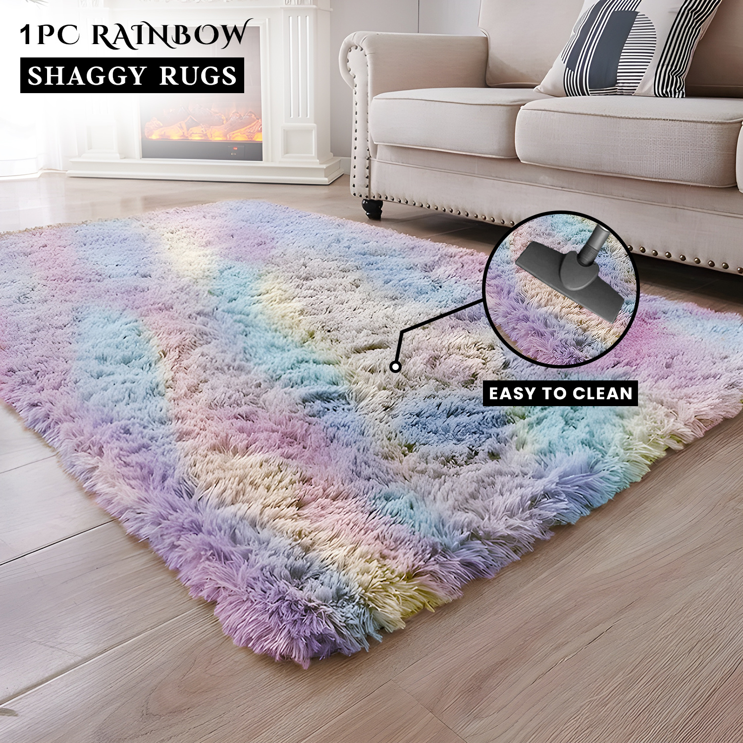 TEMU 1pc Premium Rainbow Shaggy Area Rug, 100% Polyester, Machine Washable, & Non-slip Polyester Floor Mat – Perfect For Bedroom, Living Decoration