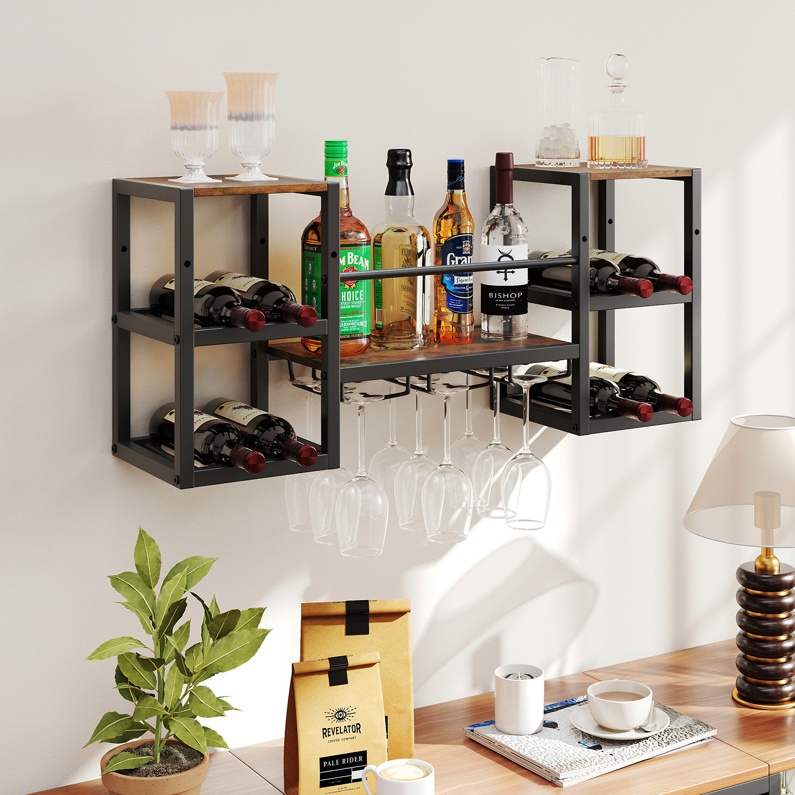Wall Mounted Wine Rack W/ Glass Holder, Heavy-duty Metal Frame 8-bottle Holder W/ Open Shelf, Wine Storage Rack, 3-tier Wall Display Shelf For Home Bar Dining Room Kitchen, Rustic Brown