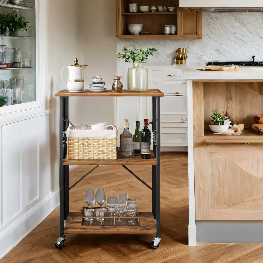 E-shop 3-stöckiges Lagerregal, Küchenwagen, Regal mit Rädern, mit 6 Haken, passend für Mini-Backofen, Mikrowelle, passend für Küche