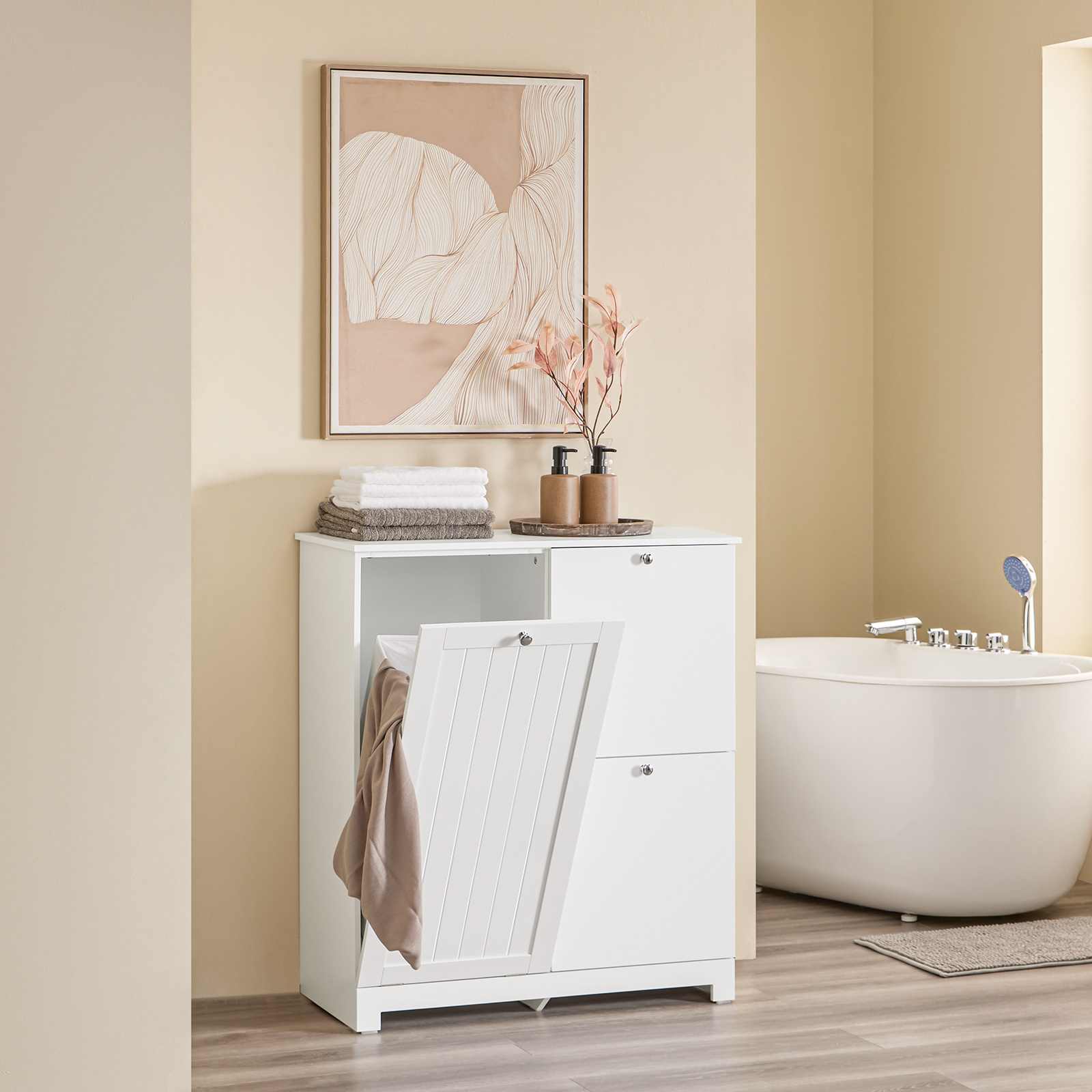 TEMU 1pc Mobile Bathroom Cabinet With 3 Laundry Baskets Column Narrow 78x38x90 Cm With 1 Large Integrated Basket & 2 Removable Fabric Baskets –