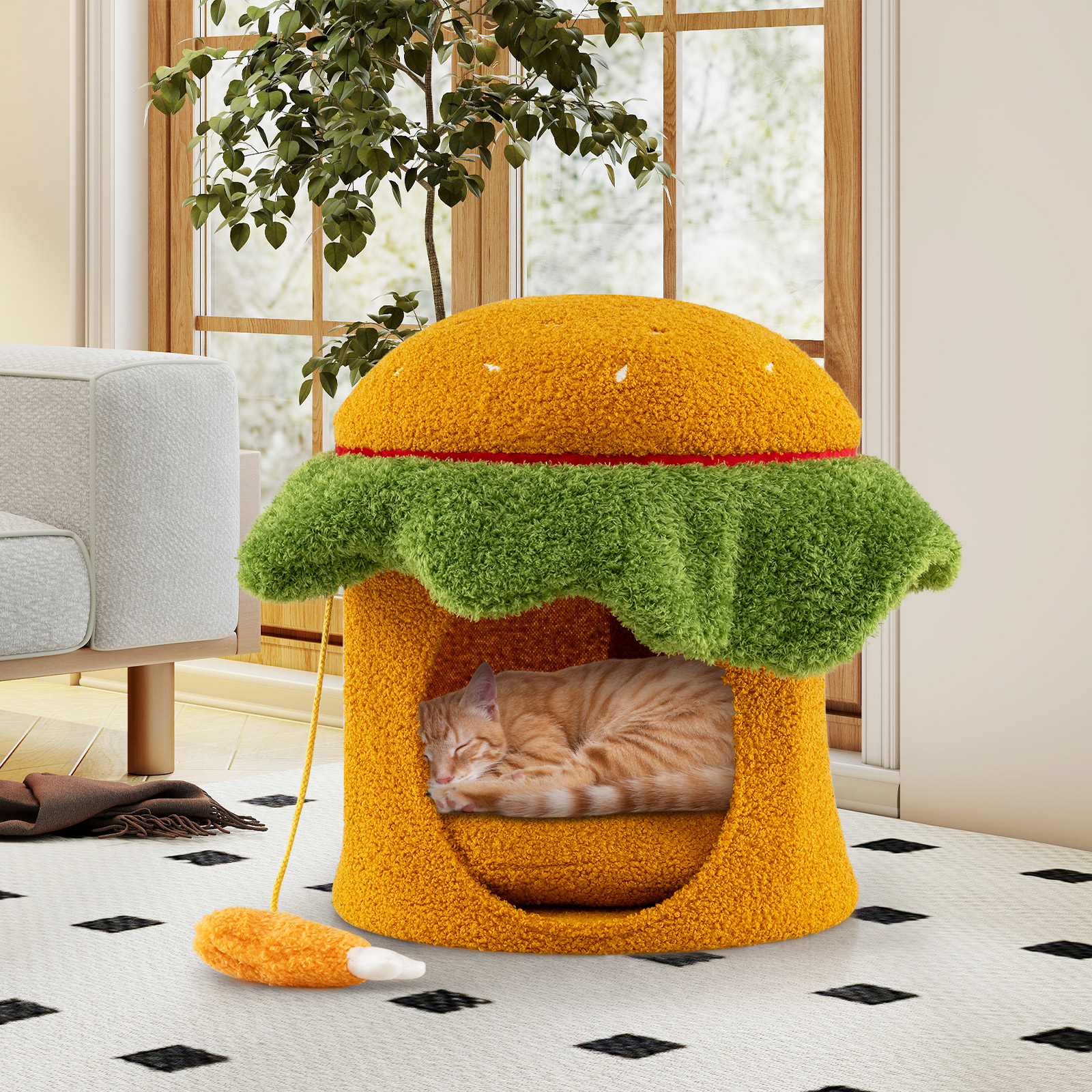 Image of Cute Cat Bed, Hamburger-shaped Cat Condo W/ Padded Top Perch, Hanging Plush Toy, Removable Washable Soft Cushion, Small Pet Cave Furniture Hideaway, Indoor Cat Kitten Puppy House