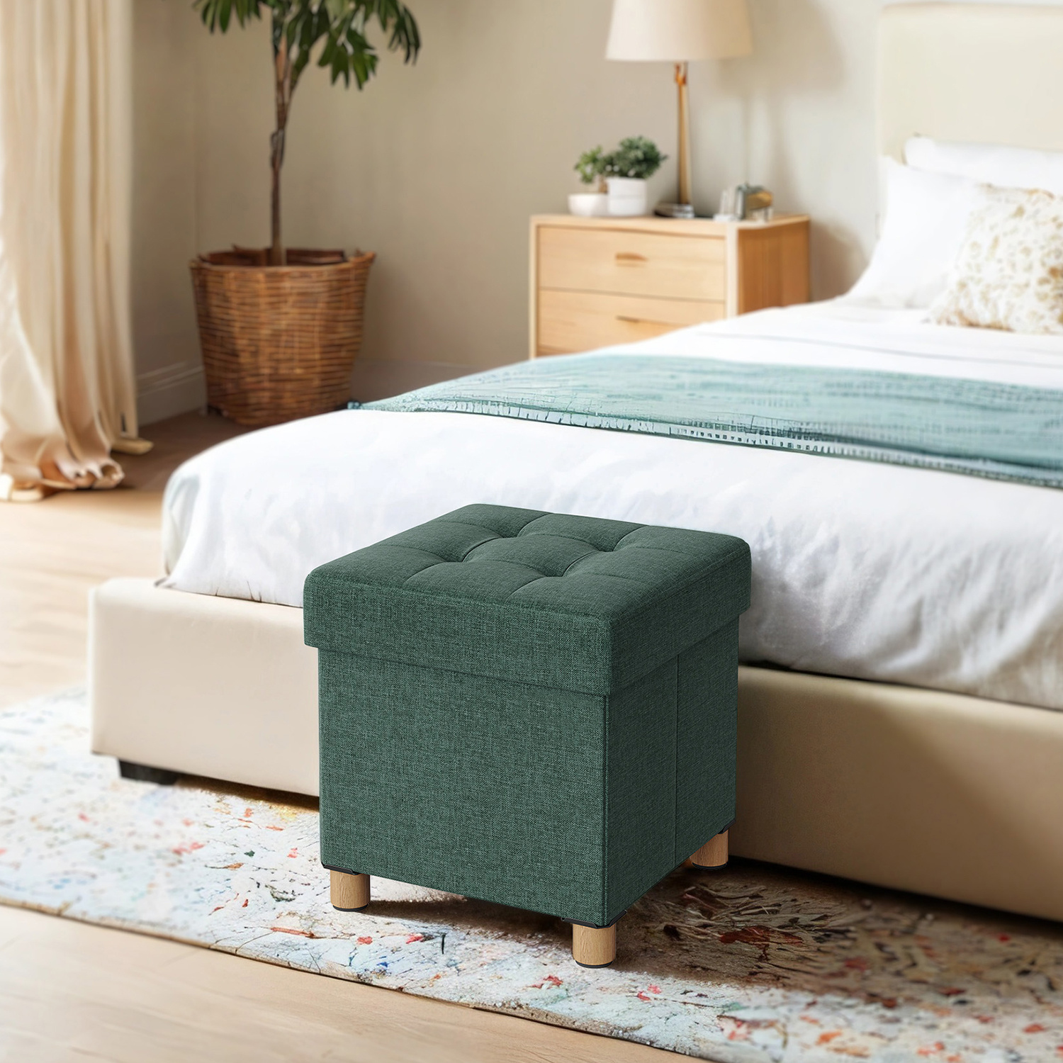 Folding Stool With Storage, Compact Foldable Bench, 38.1 X 38.1 X 40.1 Cm, Supports Up To 300 Kg, Green Storage Box