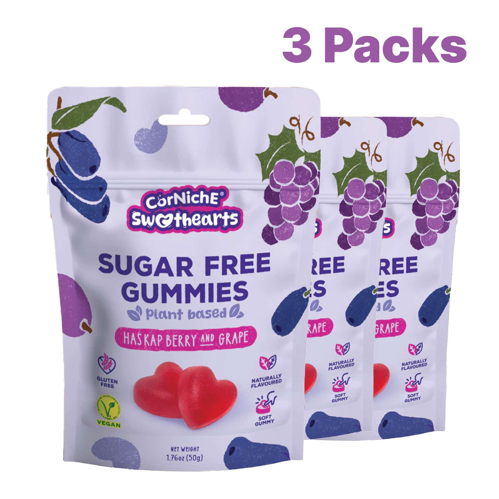 Image of 3 Packs Corniche Sweethearts Sugar-free Gummies Haskap Berry & Grape 3x50g - Christmas Snack, Christmas Party, Sugar-free Treat