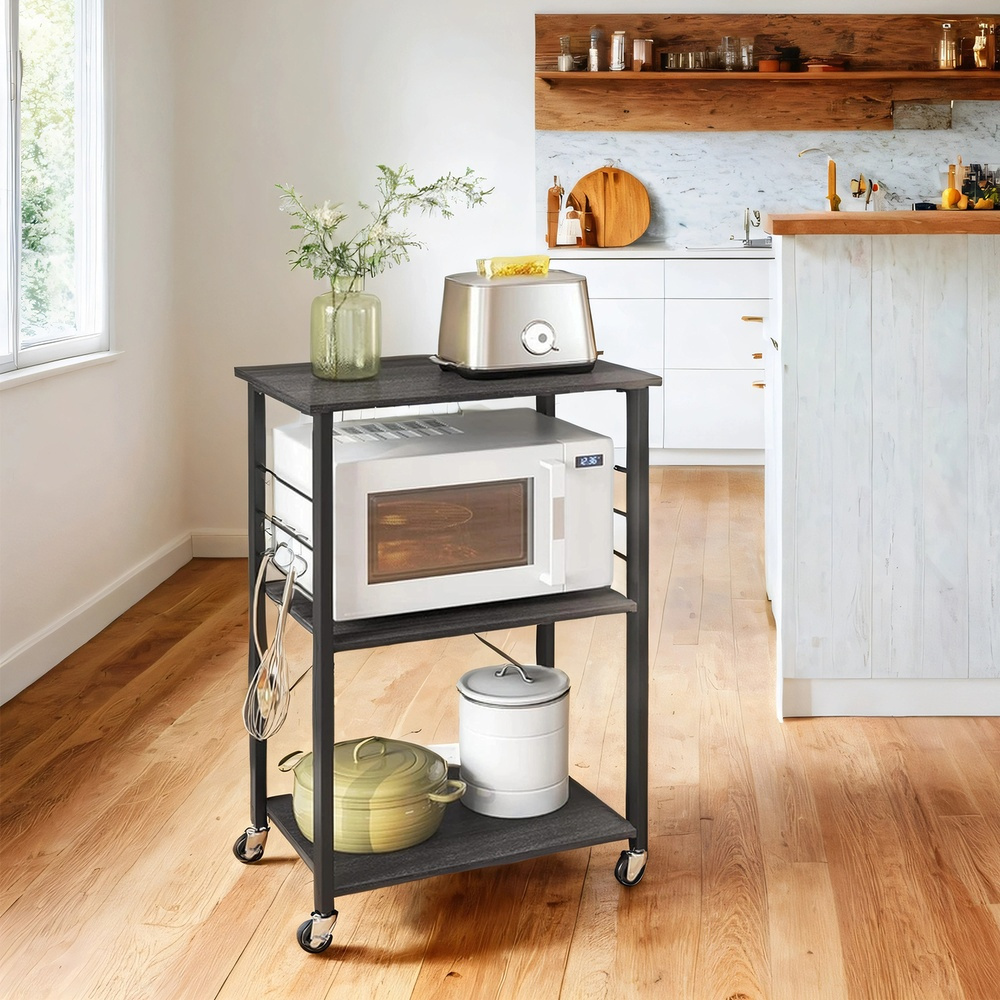 3-tier Storage Rack, Kitchen Cart, Shelving Unit With Wheels, With 6 Hooks, Suitable For Mini Oven, Microwave, Suitable For Kitchen