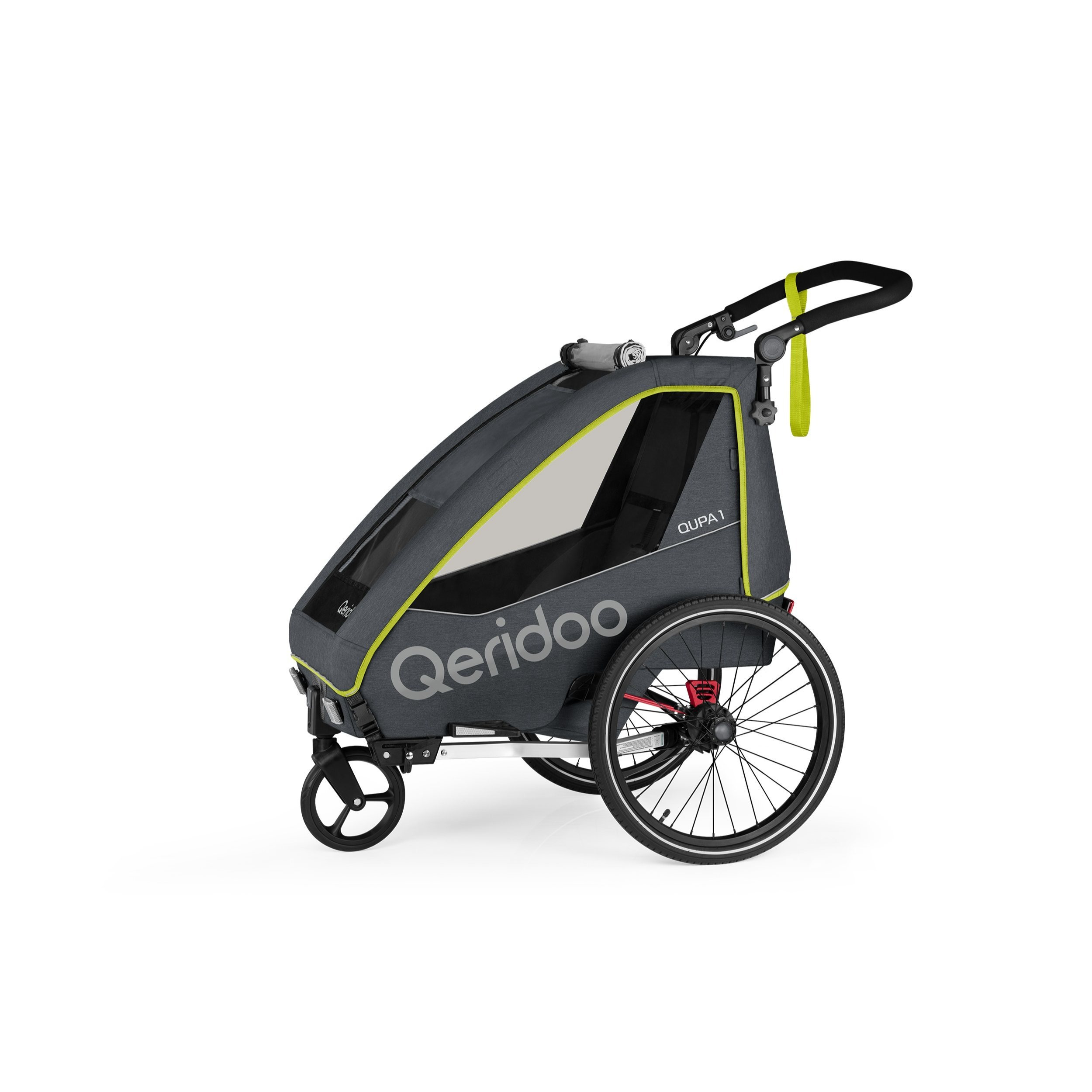 Qeridoo Bike Trailer 1 Lime With Leaf Suspension, Foldable Cabin, Removable Rear Seat, Buggy, Trailer, Height-adjustable Handlebar, 5-point Harness System, For 1 Child