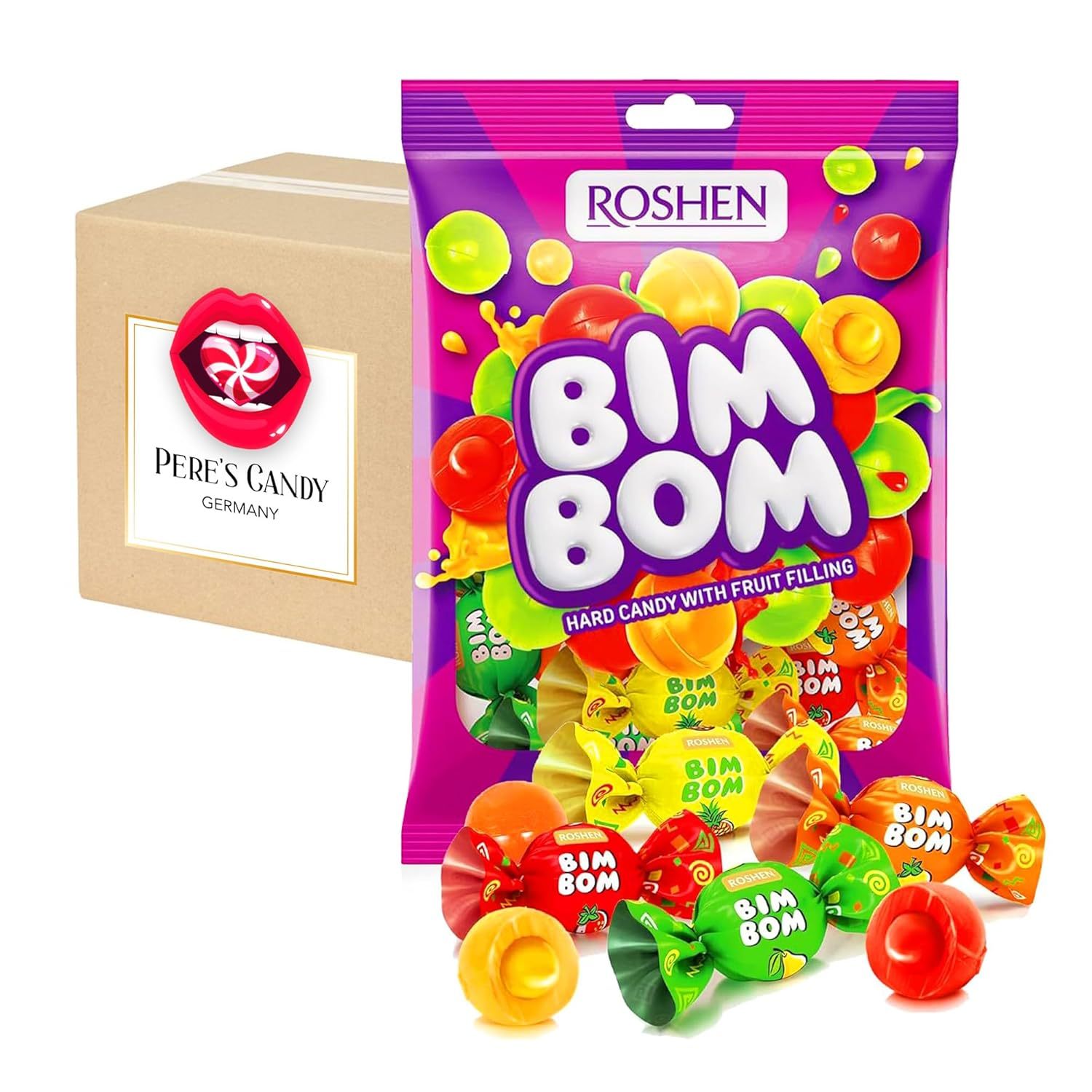 1 Kg Roshen Bim-bom Filled Hard Caramel Mix Candies - Lollipops In Various Flavors: Wild Strawberry, Pineapple, Pear, Fruit-cinnamon Flavor