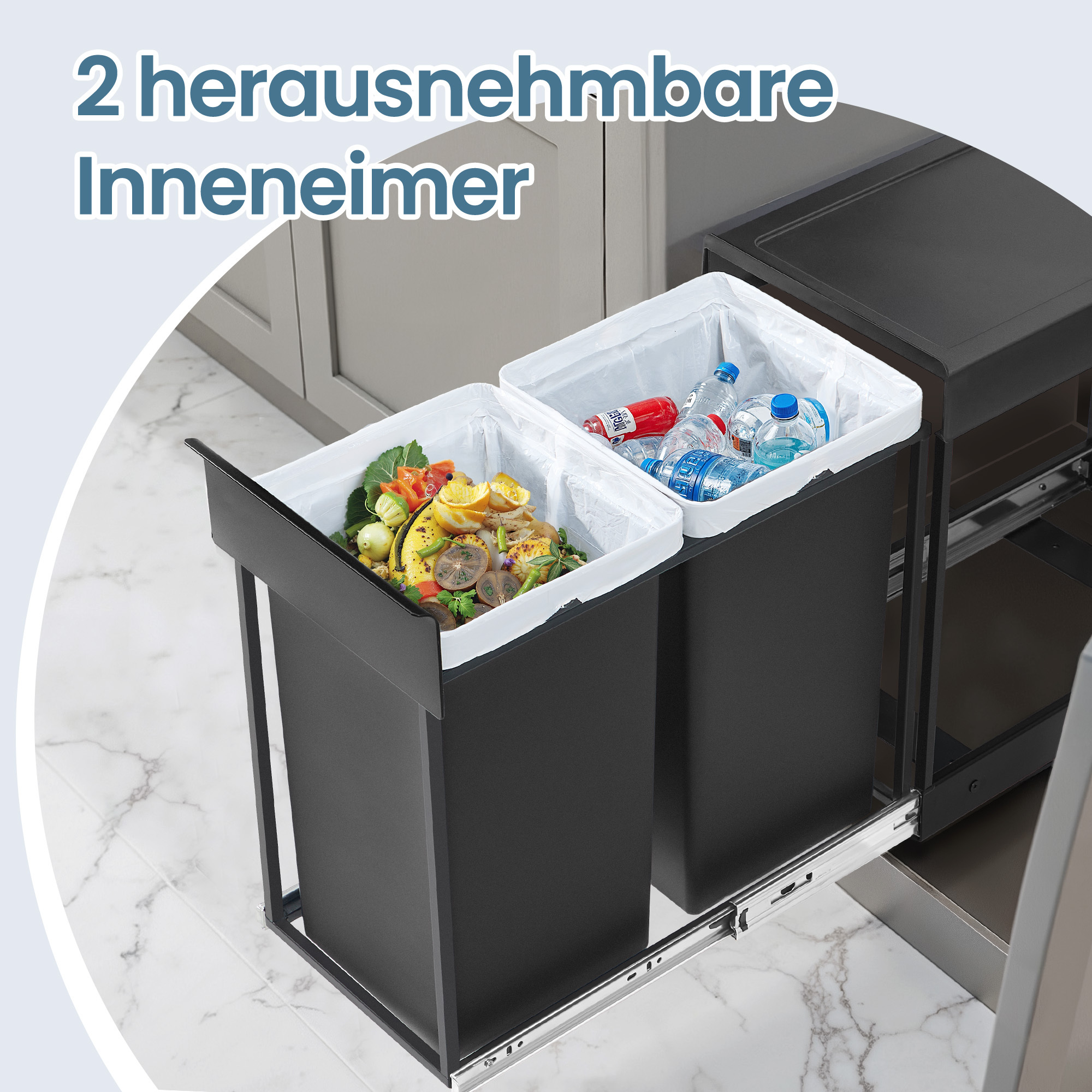 Waste Separator, Kitchen Trash Bin, Dual Compartment Waste Bin, Under-cabinet Mounted Waste System, Suitable For Living Room, Bedroom, Kitchen, 2 X 15 , Sturdy And Durable, /gray