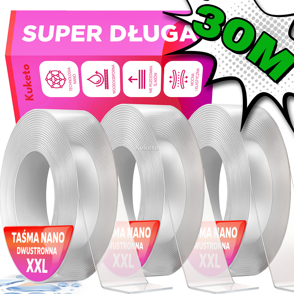 E-shop Kuketo - Set von 3x Doppelseitigem Nano-Gel Wiederverwendbarem Klebeband, 10M – Stark, Transparent, Wasserdichtes Montageband – Super Langlebig