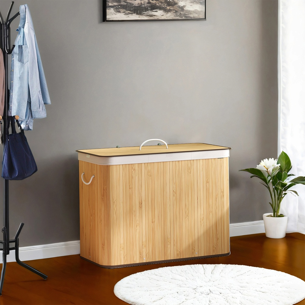 3-section Laundry Basket With Lid, 170 , Bamboo Laundry Hamper, Foldable, Removable And Machine-washable Laundry Bag, With Handles, For Laundry Room, Bedroom