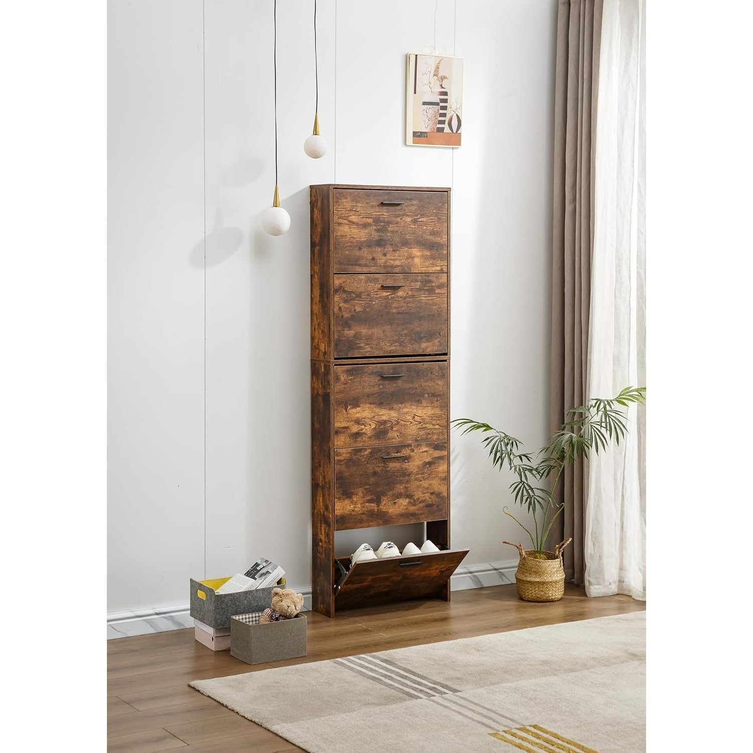 Wooden Shoe Cabinet For Entryway, Narrow Storage, And Enclosed – 5 Flip-down Doors – Holds 15 Pairs