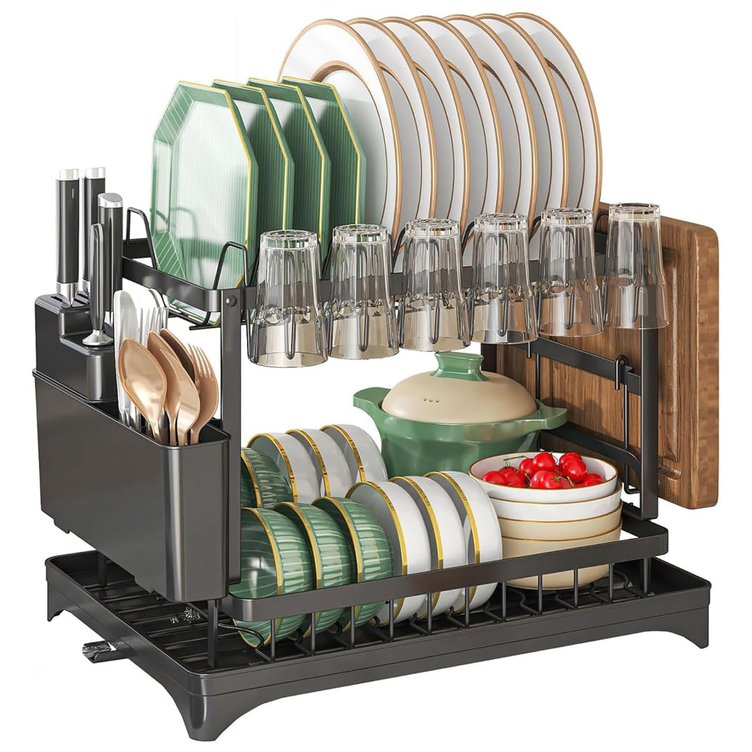 TEMU 2 Tier Dish Drainer Rack For Kitchen Counter - Space-saving Dish Rack With Utensil Holder And Cutting Board Holder Large Capacity Drying Rack