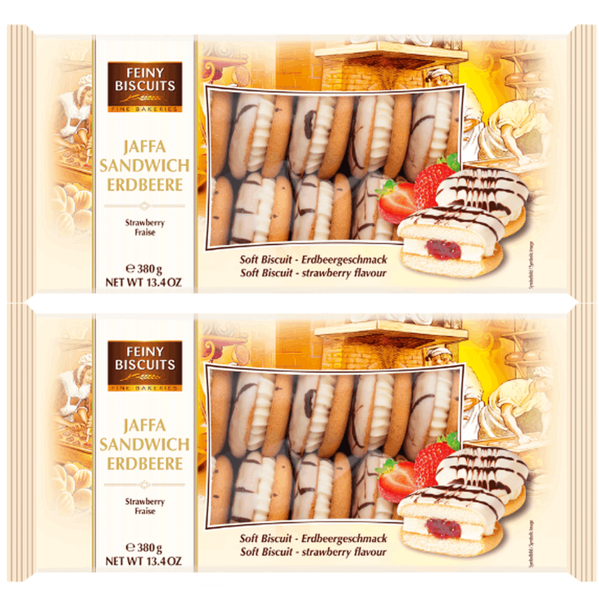Fine Biscuits Jaffa Cakes Sandwich Strawberry - 2 X 380g - Biscuit Cake With Strawberry Cream & Chocolate-vanilla Glaze