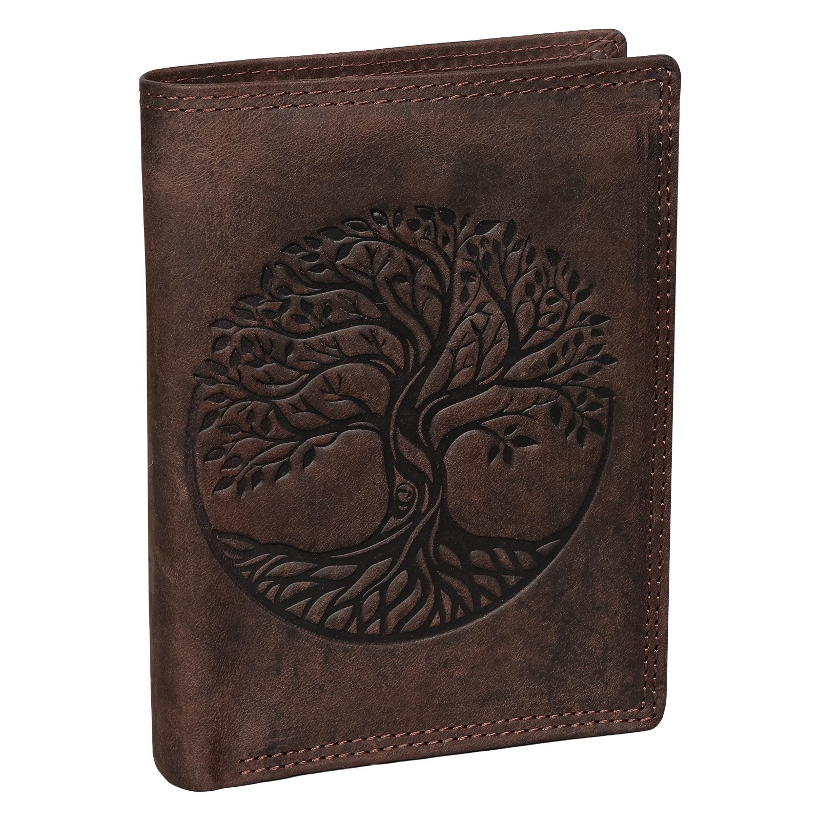 Men's Rfid Buffalo Real Leather Wallet With Embossed Motif Brown Vertical Format Tree Of : 12.5 X 9.5 X 2 Cm ( X D)