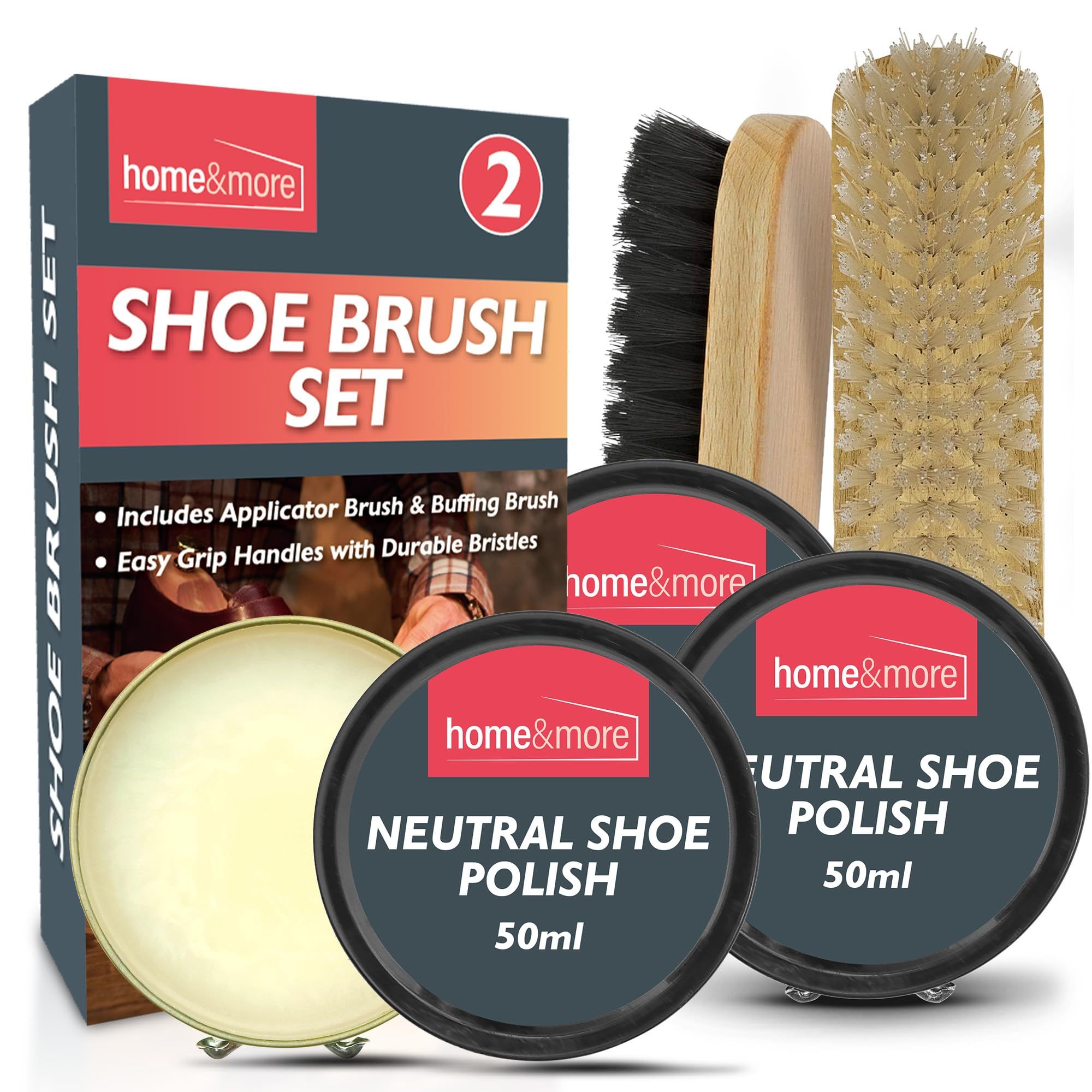 TEMU 2 Pack Shoe Brush Set & 3 Neutral Shoe Polish | Leather Kit With Soft & Stiff Brushes | Beeswax-enriched Shoe Care For Cleaning, Conditioning,