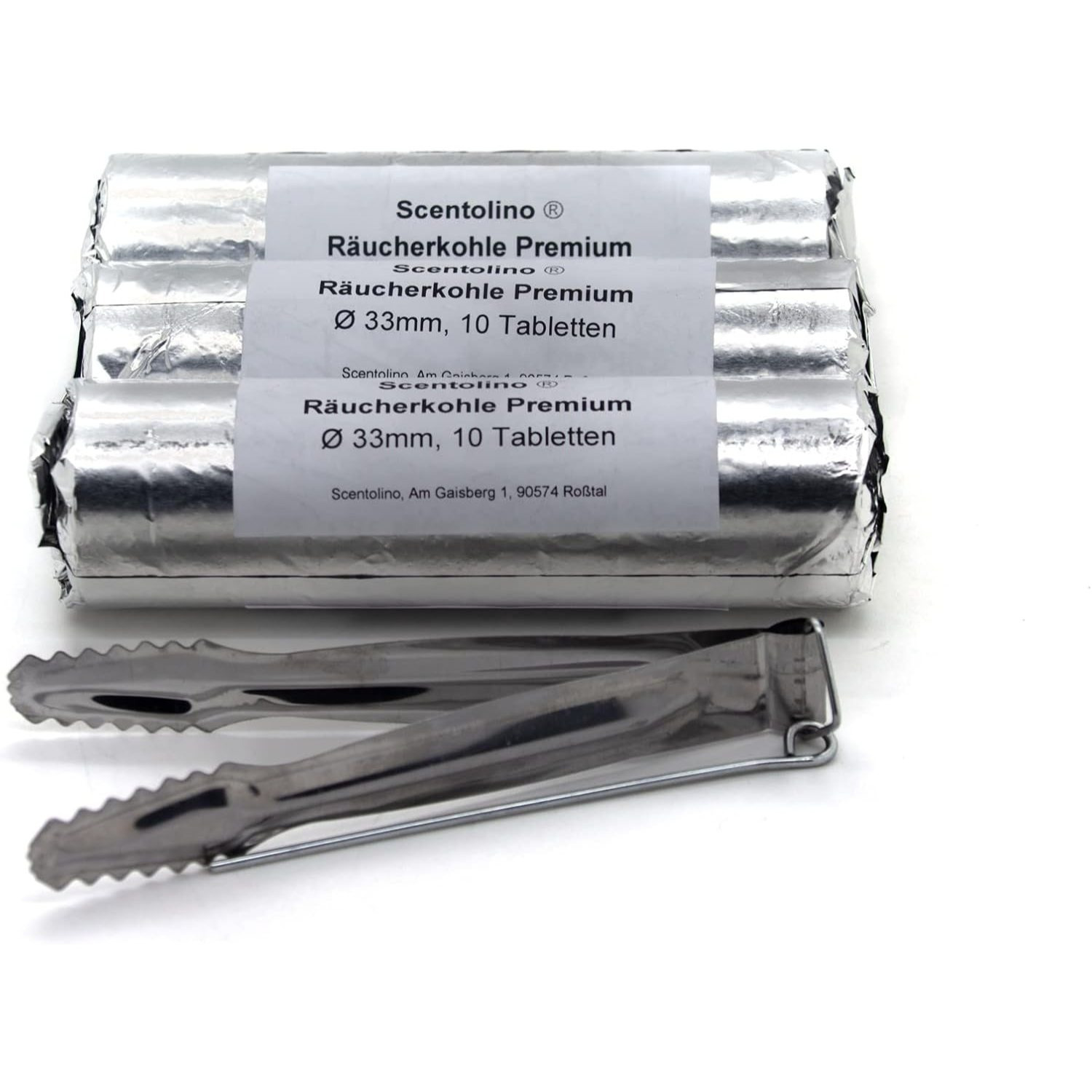 E-shop Räucherkohle 33 mm – 3 Rollen à 10 Tabletten + Kohlezange (11 cm) – Schnellzünder, selbstentzündlich – ca. 45 Min. Brenndauer