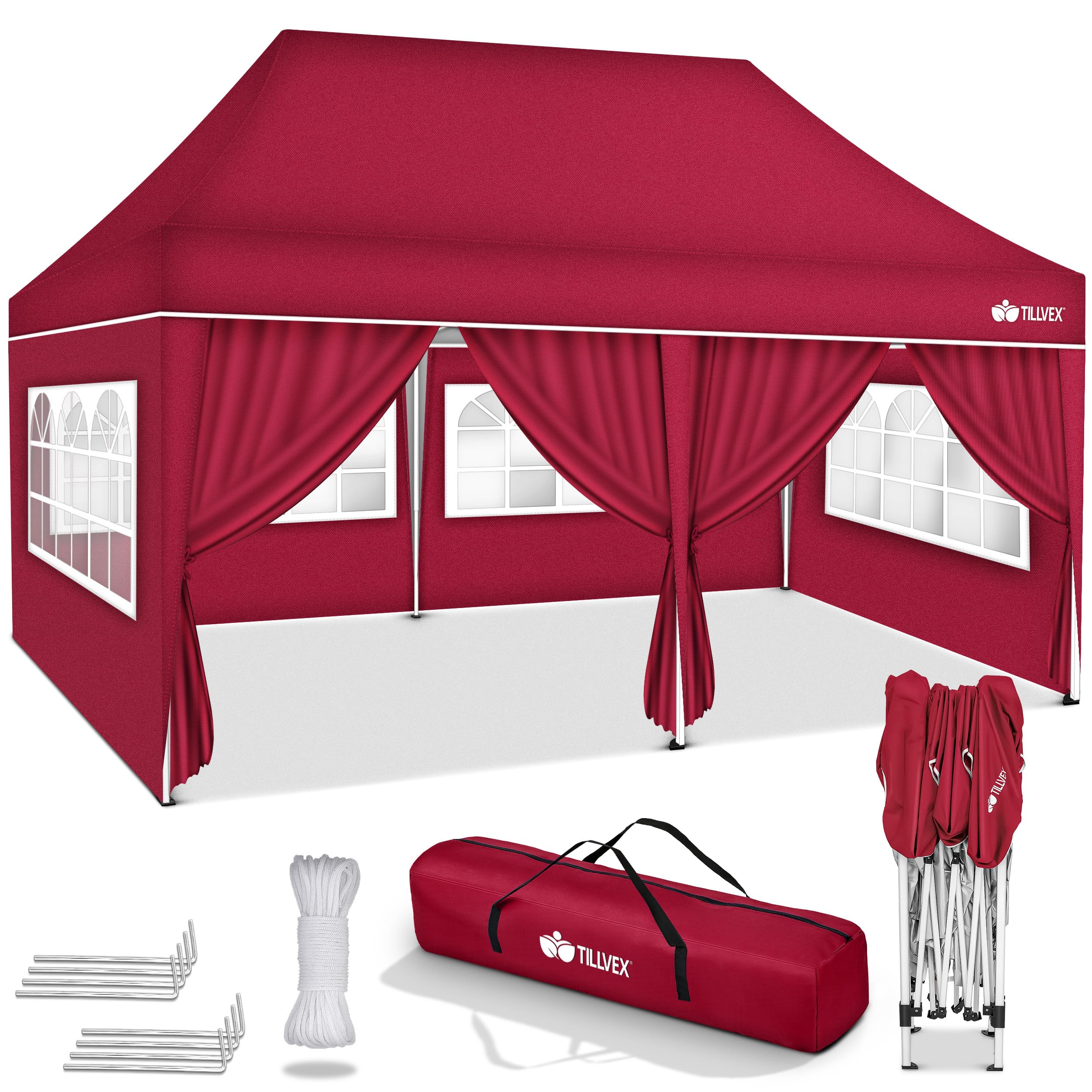 TEMU tillvex® Tonnelle pliable 3 x 6 m + 6 sacs de sable | Tonnelle pliante, réglable en hauteur, résistante à l'hiver | Tente de jardin stable avec