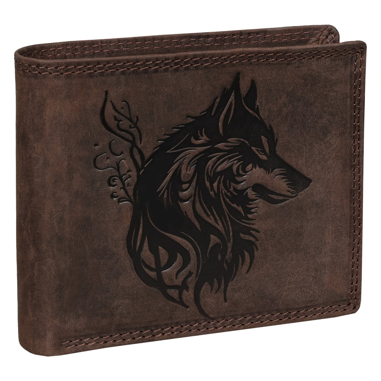 Rfid Buffalo Real Leather Men's Wallet With Embossed Motif Brown Horizontal Format Wolf
