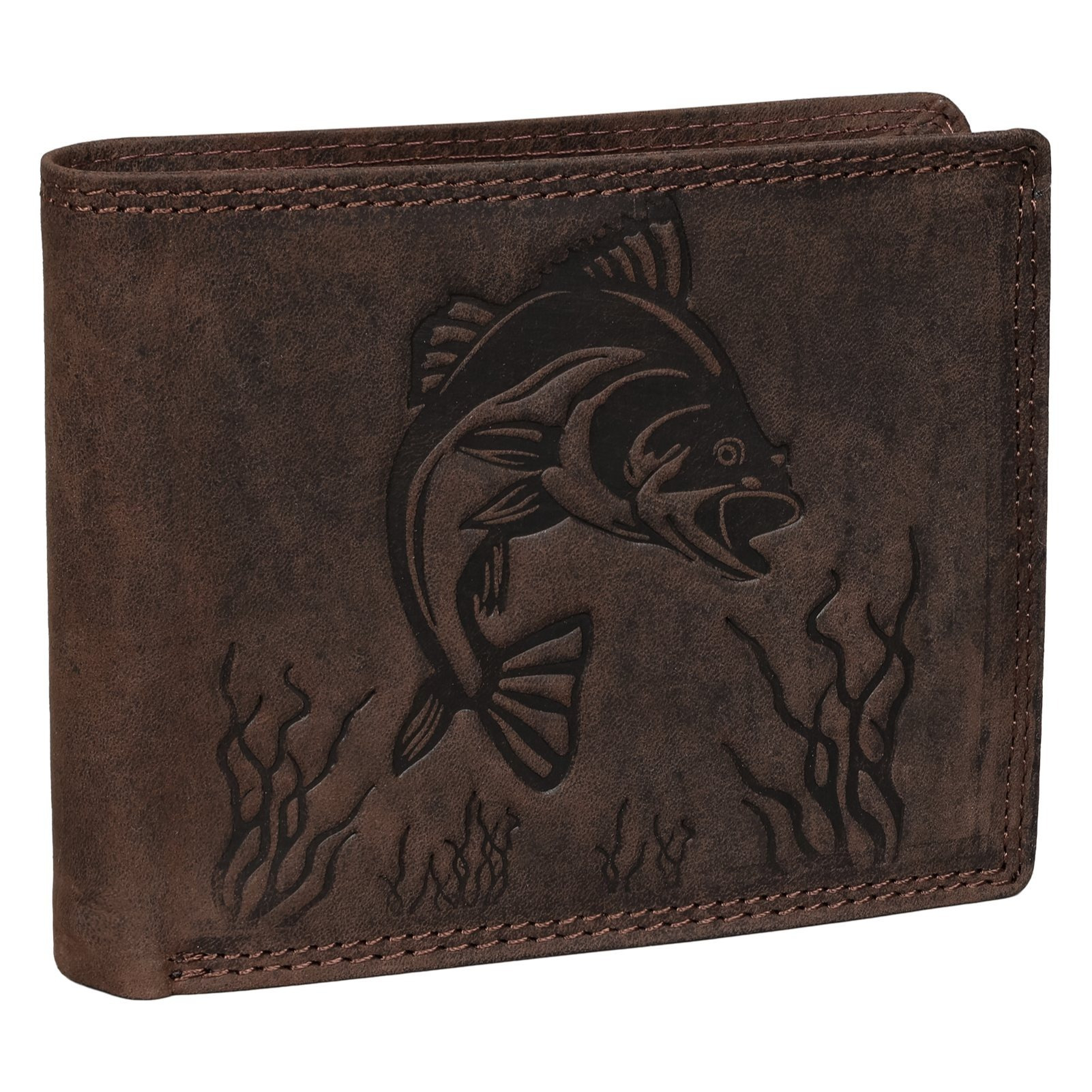 Men's Wallet, Rfid Real Leather Billfold With Embossed Motif, Brown, Horizontal Format, Fish Pattern, Measures: 9.5 X 12 X 2 Cm ( X D)