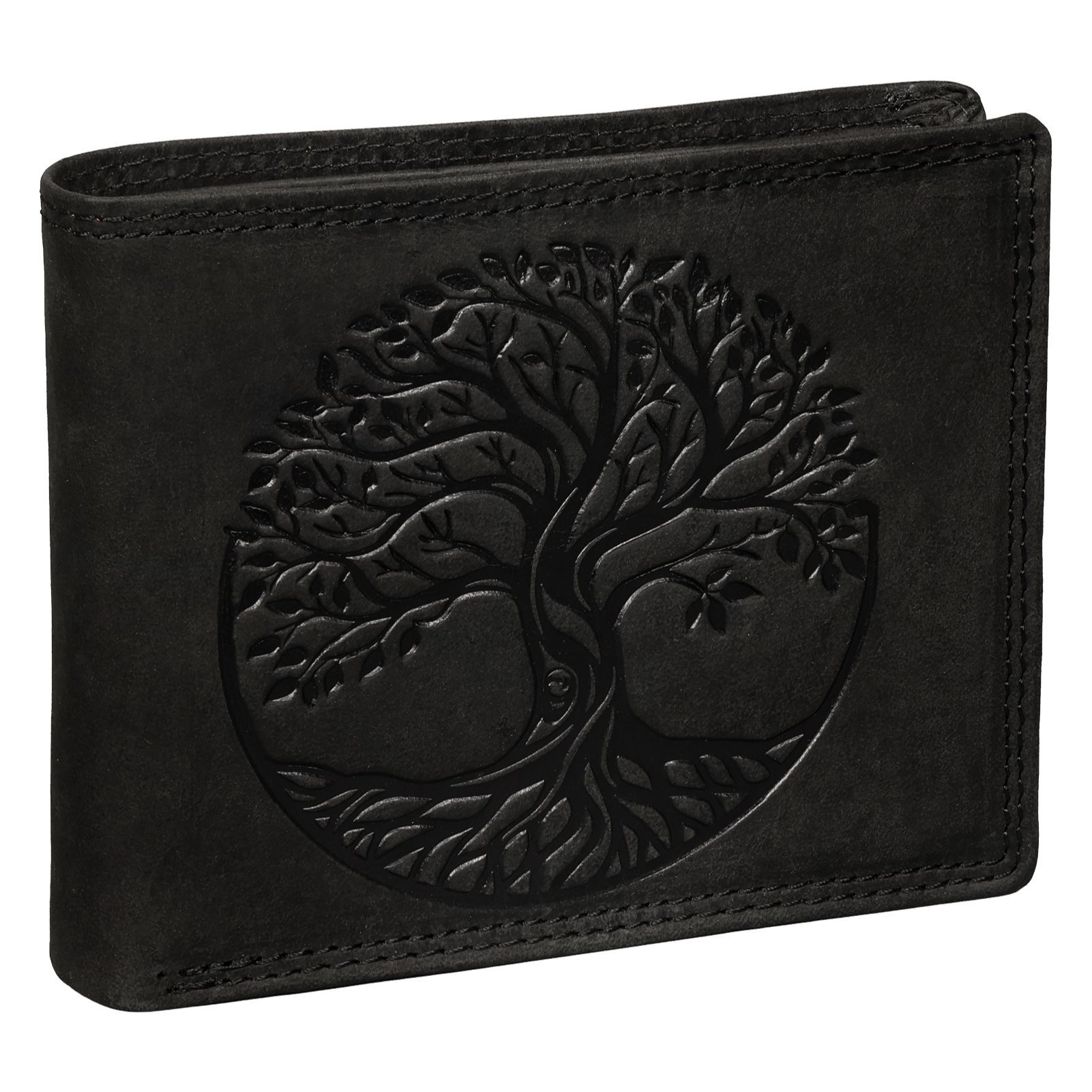 Image of Rfid Buffalo Real Leather Wallet Men's 8 Card Slots With Embossed Motif Black Horizontal Format Motif: Tree Of : 9.5 X 12 X 2 Cm ( X D)
