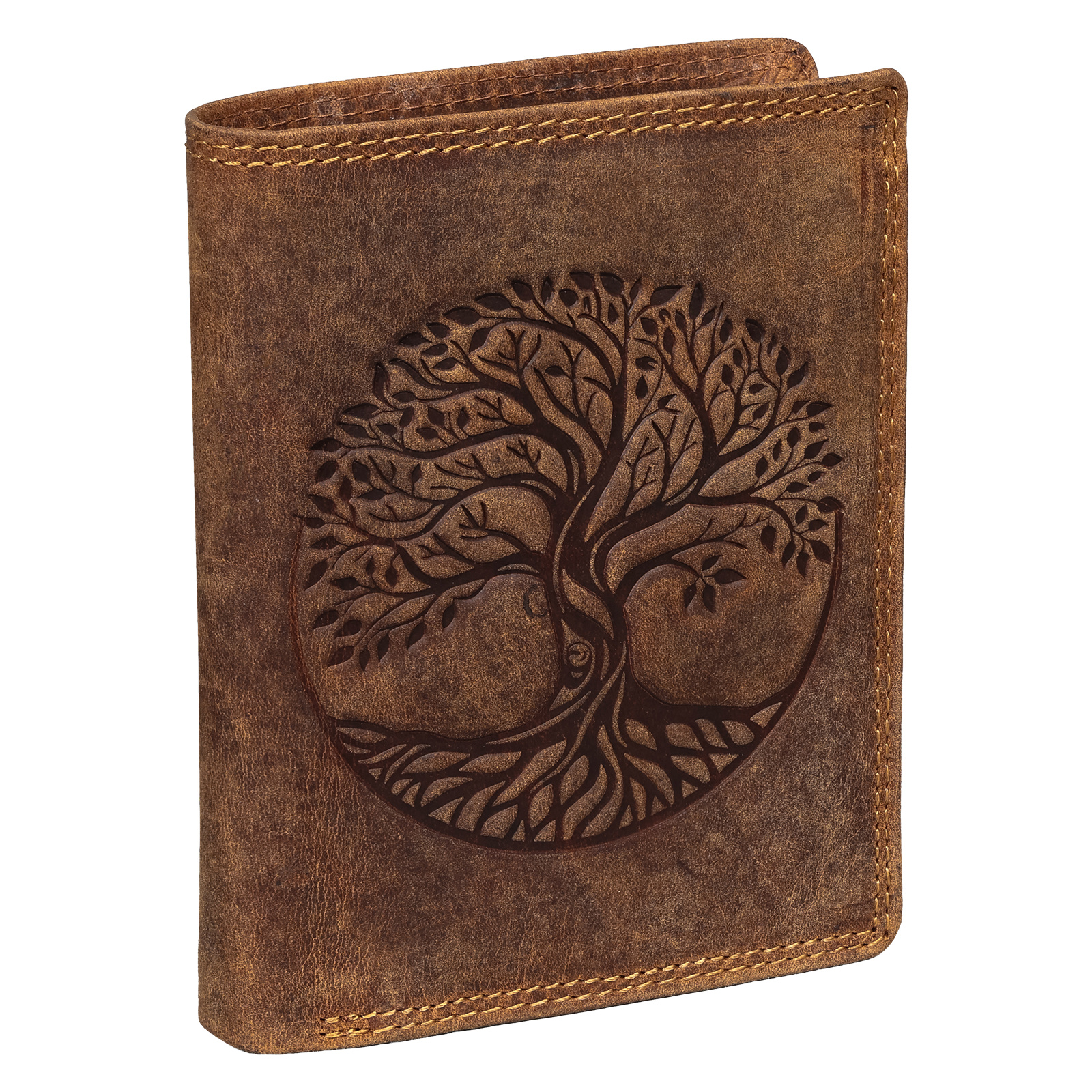 Rfid Buffalo Real Leather Men's Wallet With Embossed Motif Tan Tree