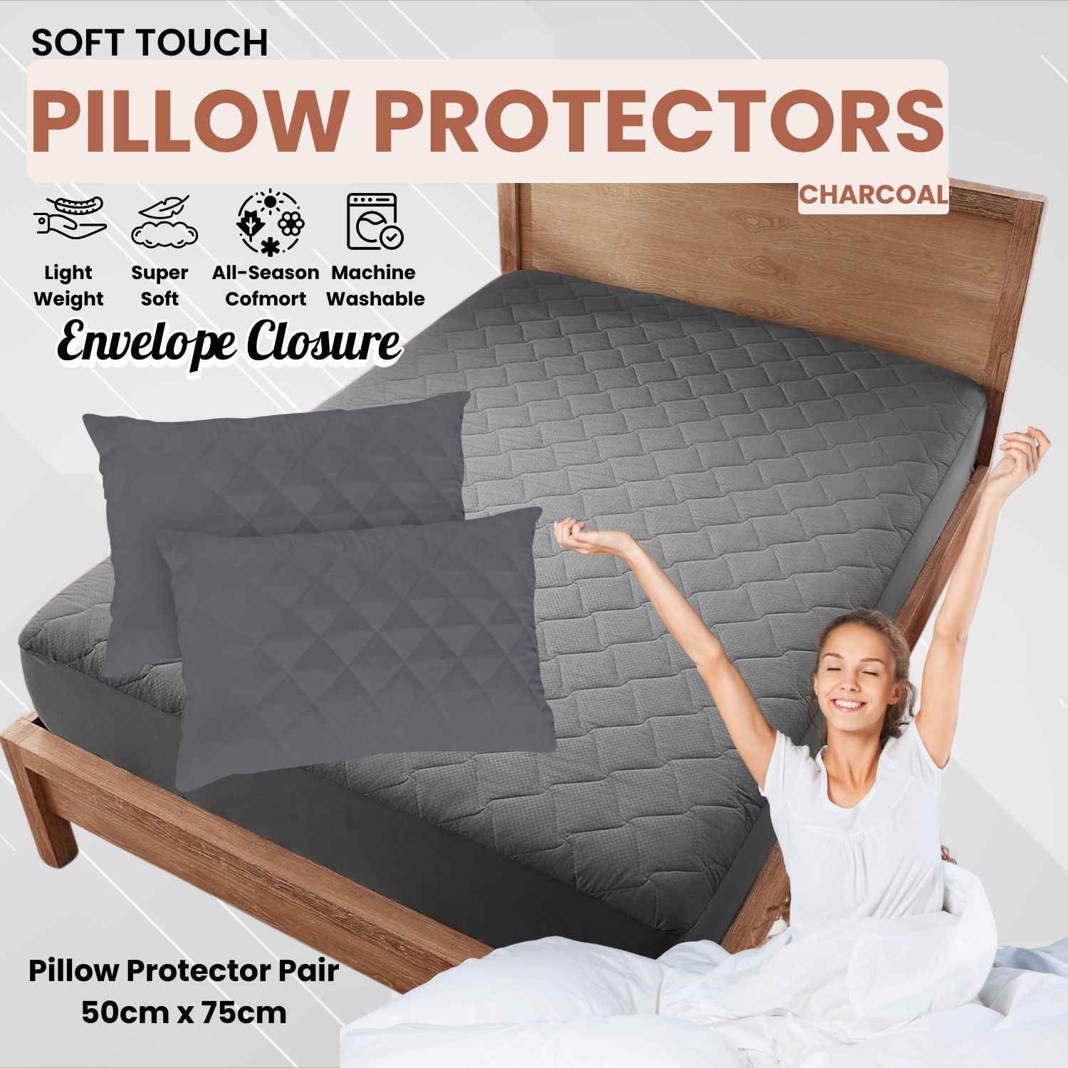 TEMU Luxury Quilted Mattress Protector Charcoal | Deep Fitted Mattress Cover With Padding | Soft Mattress Protector For Single, Double, King & Super