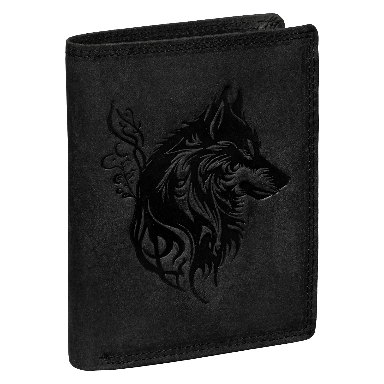 Image of Rfid Buffalo Genuine Leather Men's Wallet With Embossed Wolf Design In Black, Portrait Orientation