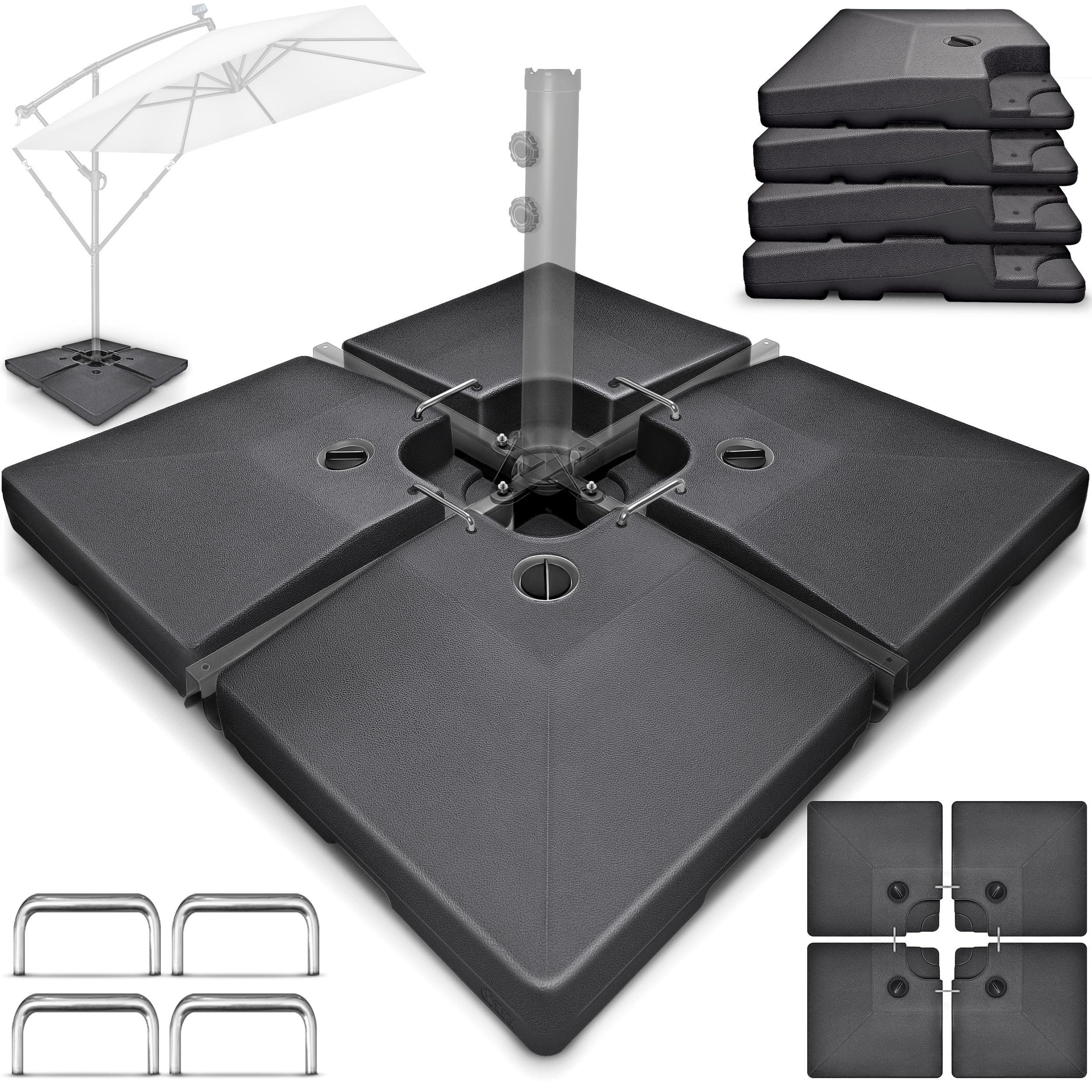 TEMU tillvex® Pied de parasol déporté 90 litres/120 kg, 4 pièces avec connecteur métallique, remplissage eau ou sable, aux intempéries pour tous